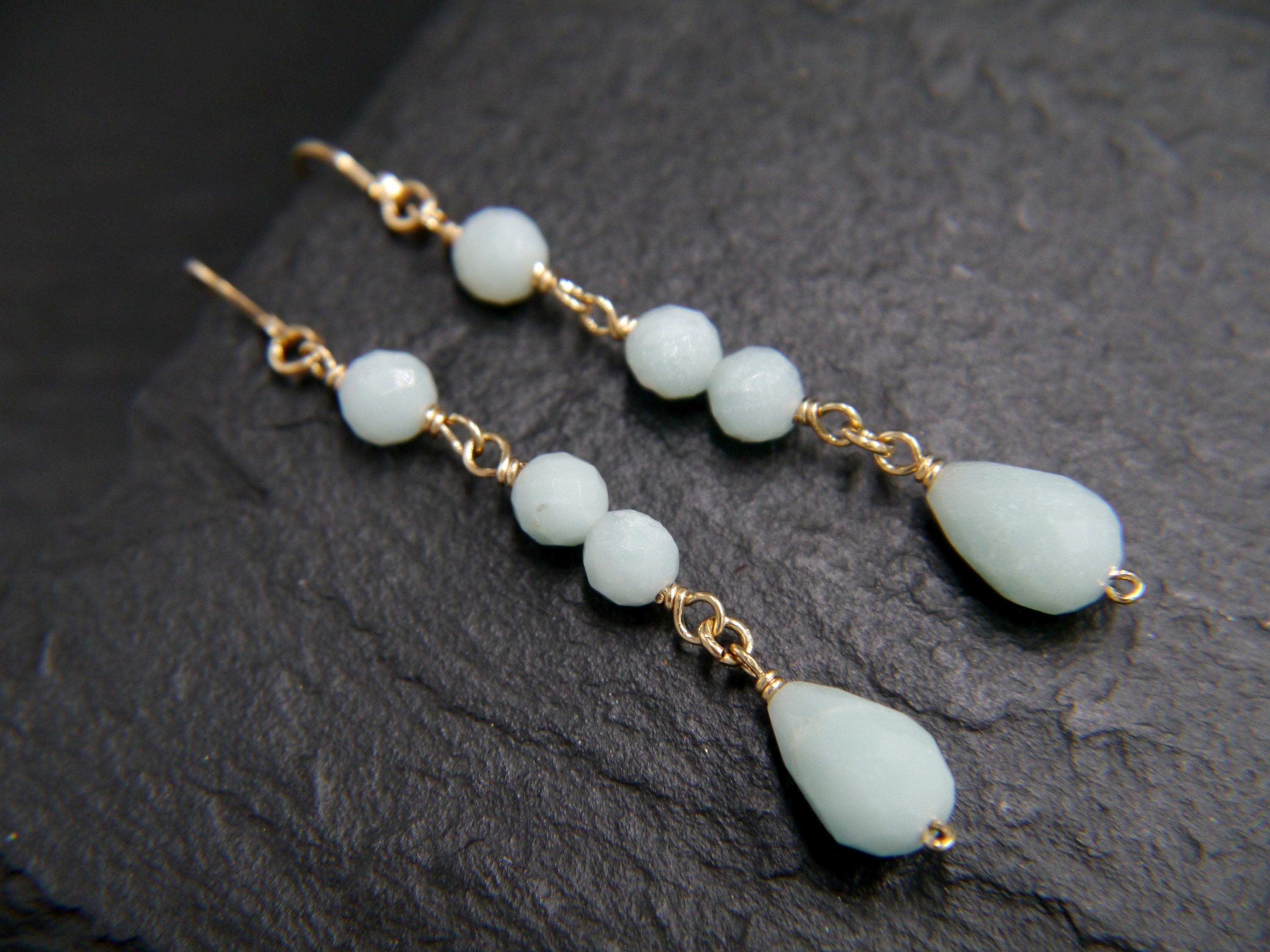 Aqua Amazonite Long Dangle Earrings, 14K Gold Filled Linear Drop, Minimal Jewelry