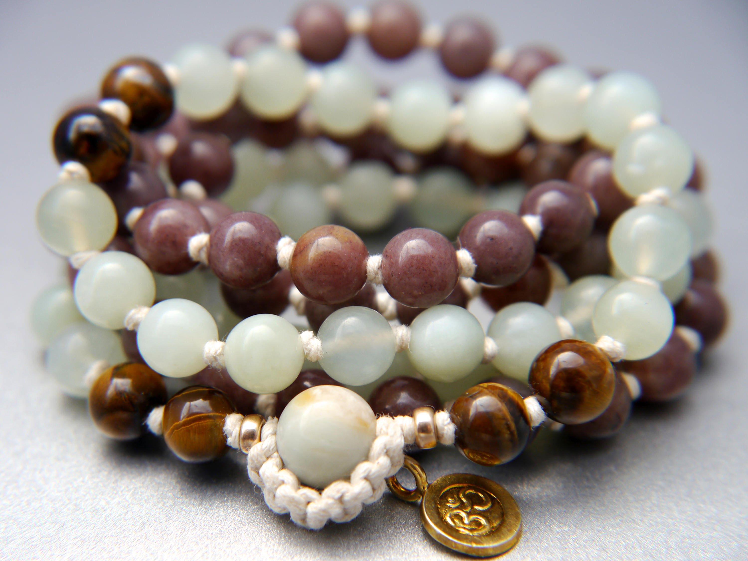 Purple Aventurine Sea Green Serpentine Mala Beads, 108 Gemstone , Hand Knotted