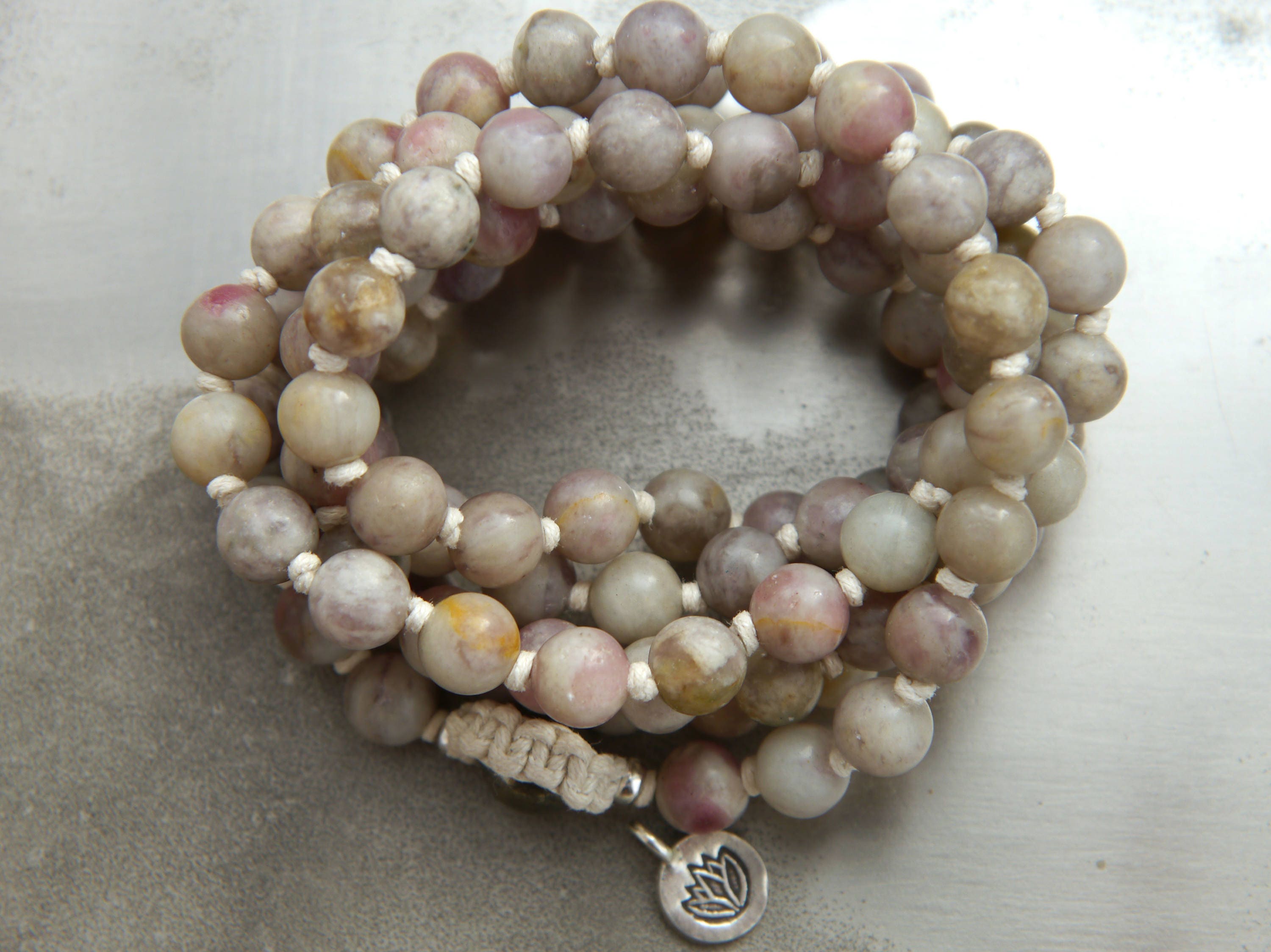 Lilac Stone 108 Mala Bead , Wrap, Hand Knotted Tibetan Prayer Beads