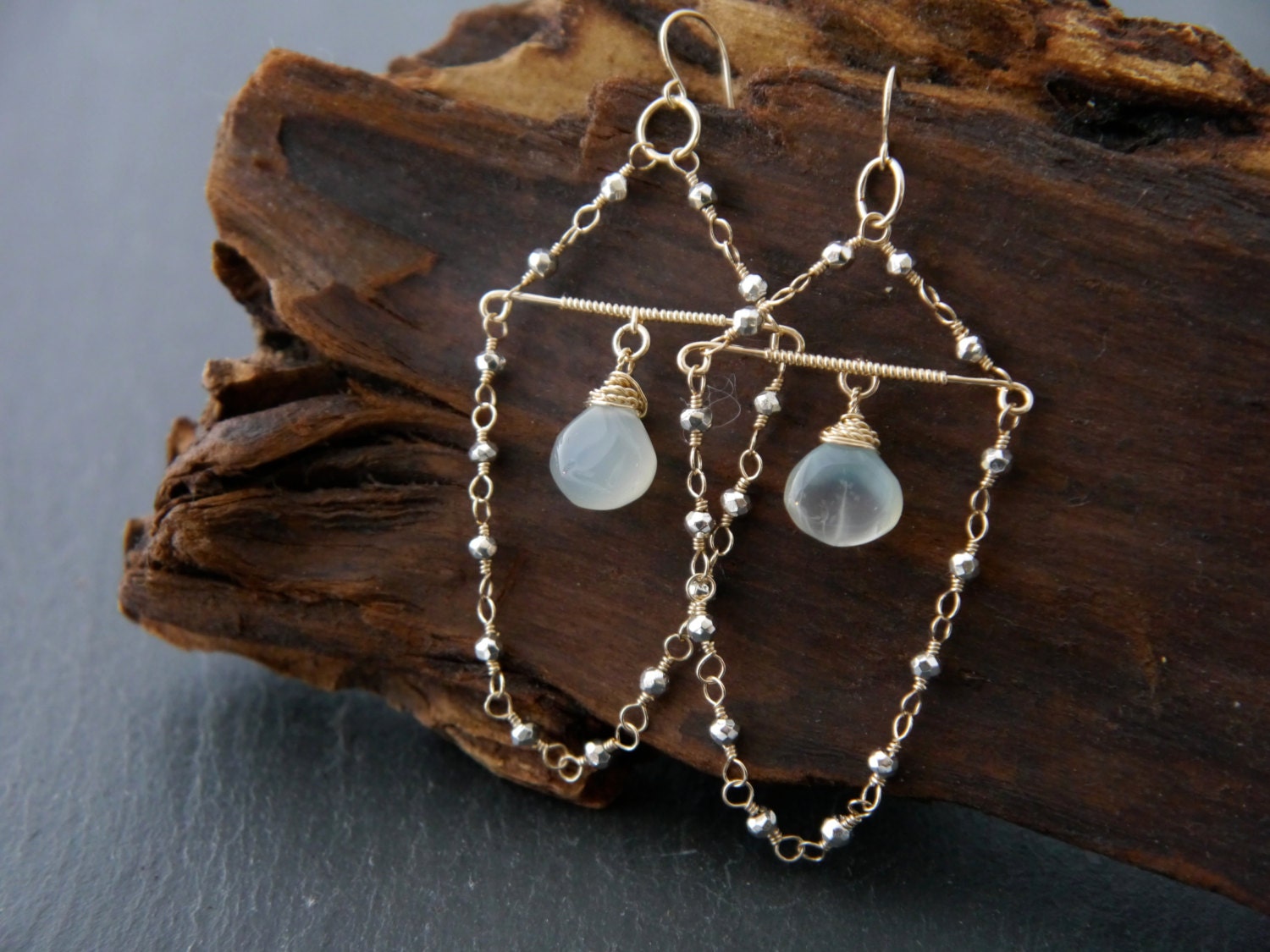 Aqua Chalcedony Chandelier Gemstone Earrings, 14K Gold Filled Bohemian Style