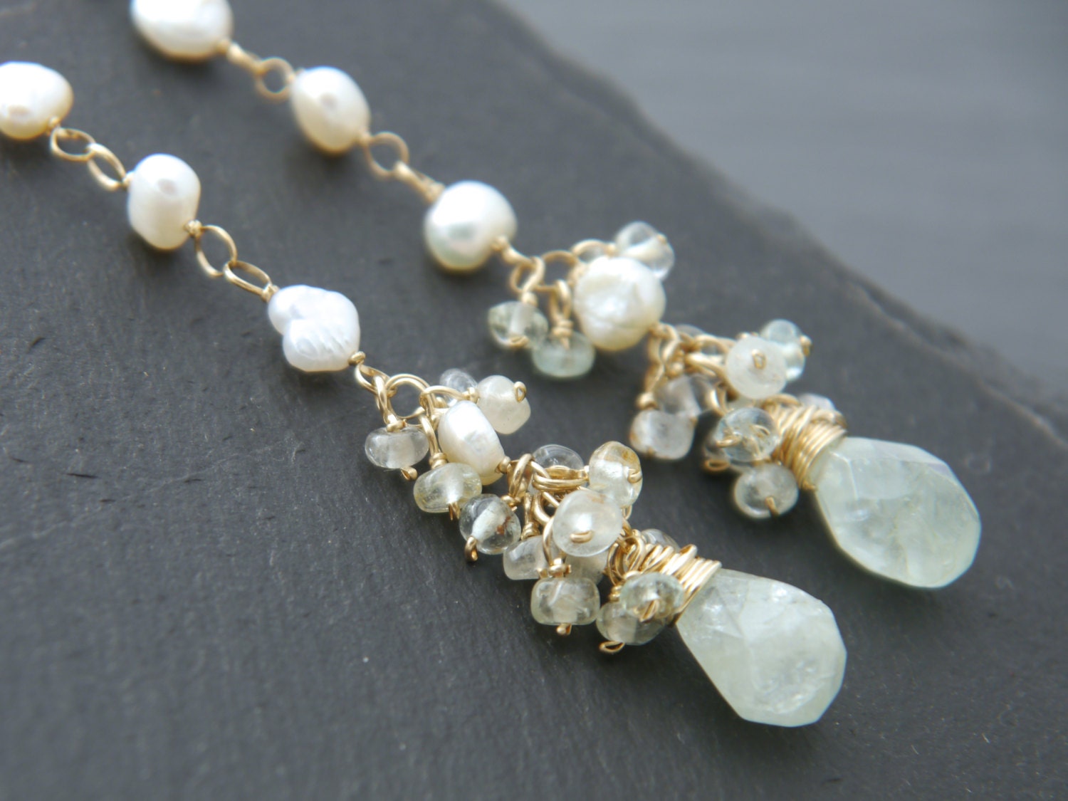 Aquamarine Pearl Long Dangle Vine Gemstone Earrings, 14K Gold Filled Bridal Jewelry