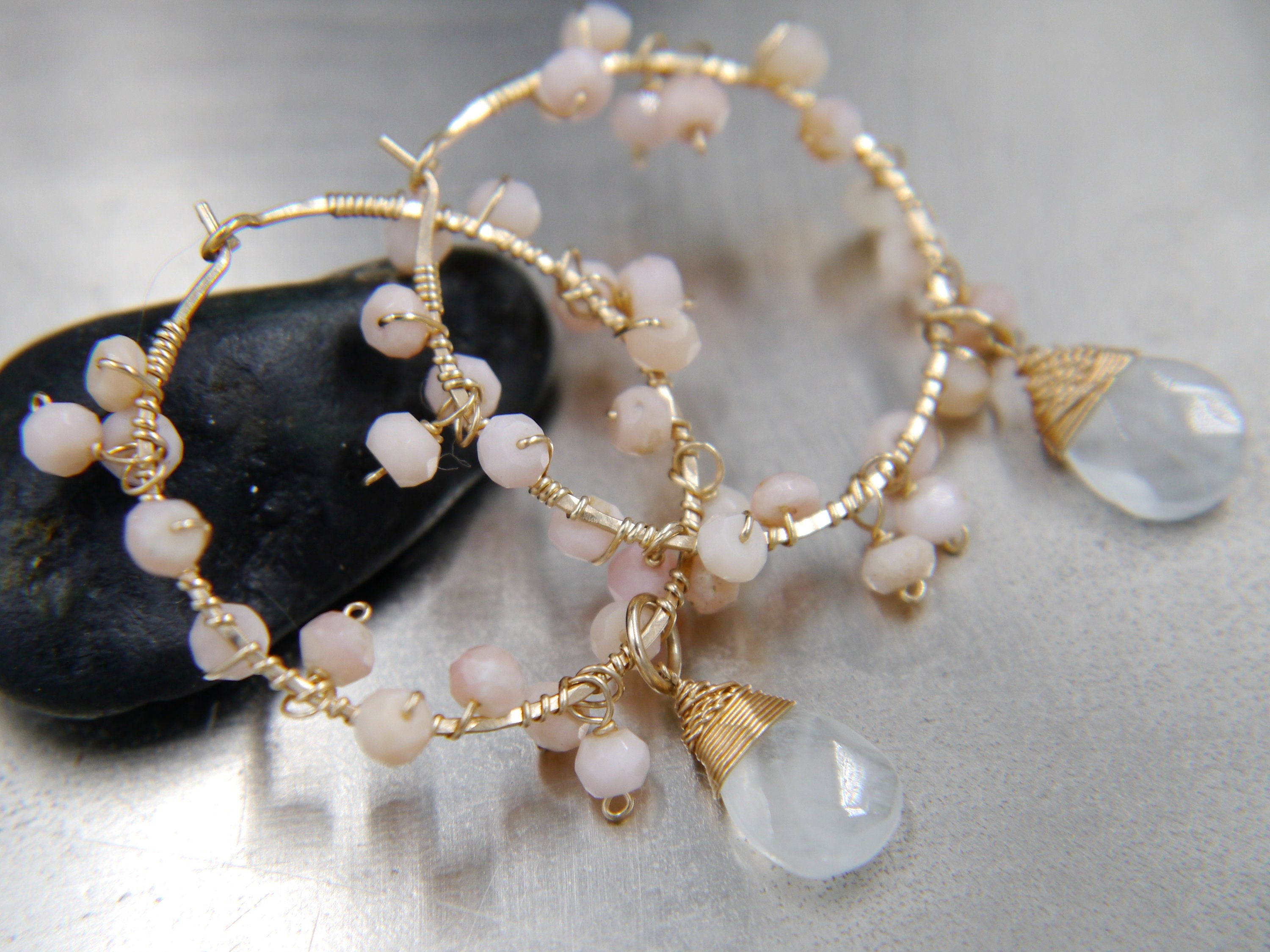 Aquamarine Pink Opal Floral Hoop Gemstone Earrings, 14K Gold Filled Bridal