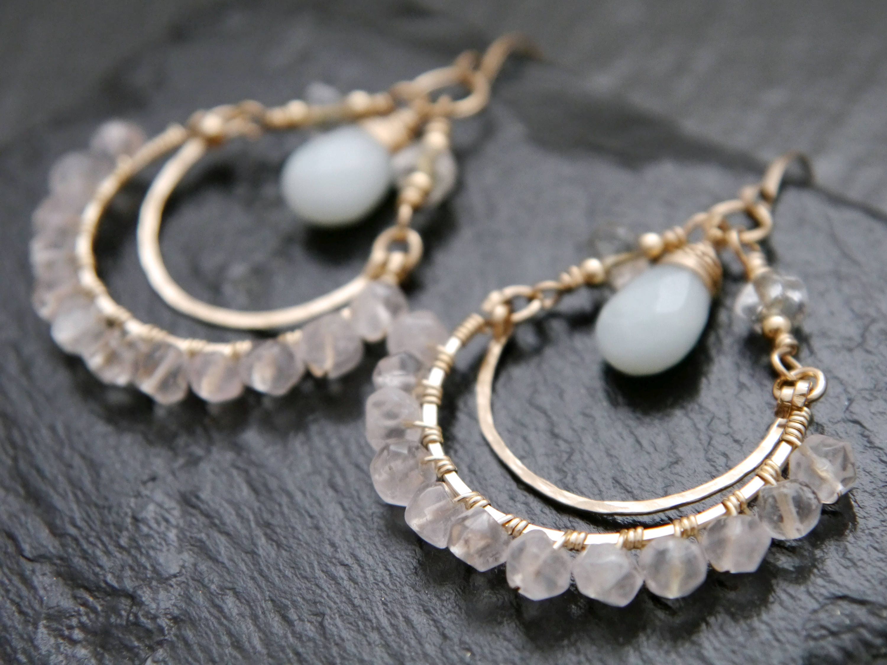 Rose Quartz Amazonite Chandelier Gemstone Earrings, 14K Gold Filled Boho Chic