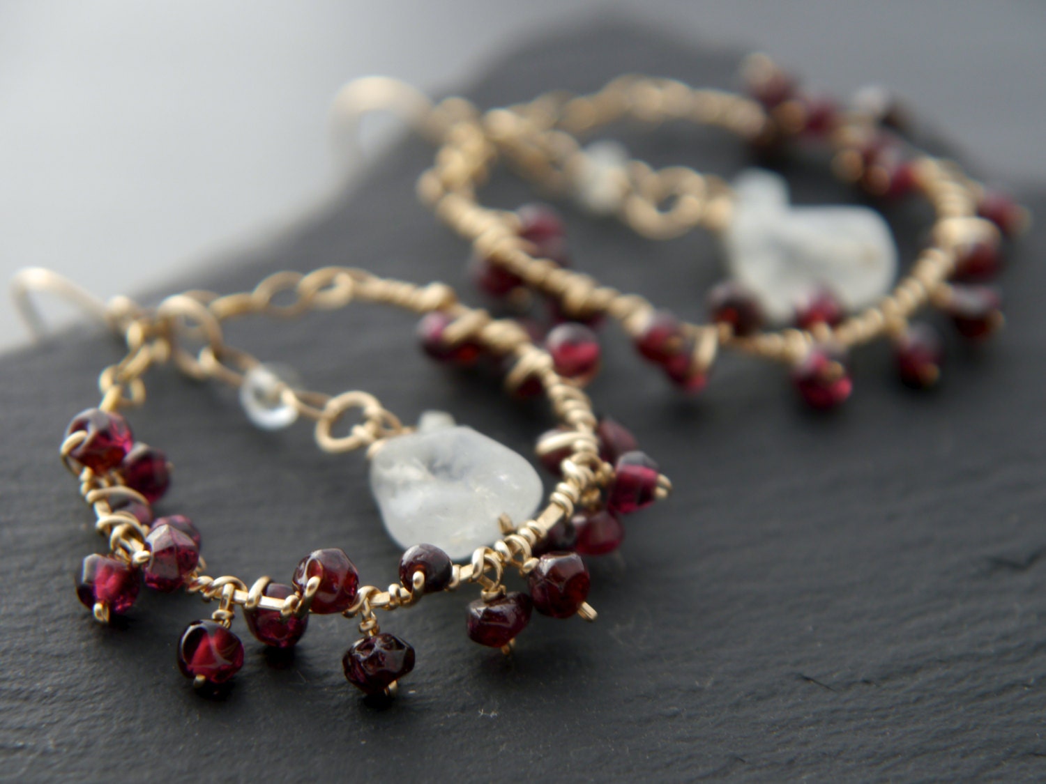 Garnet Aquamarine Floral Hoop Earrings, 14K Gold Filled Gemstone Hoops, Boho Jewelry