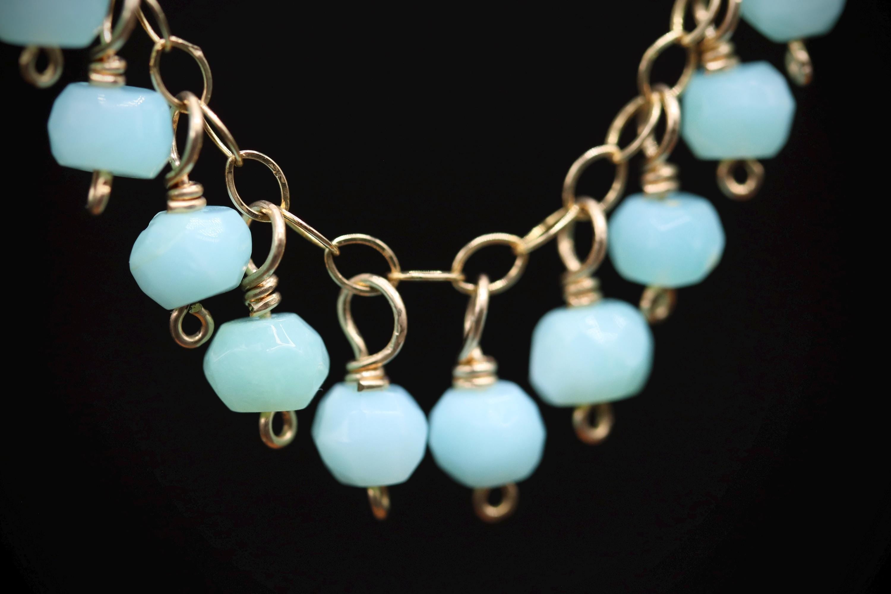 Peruvian Blue Opal Tiered Fringe Chandelier Earrings, 14K Gold Filled Statement Bohemian Wedding Jewelry