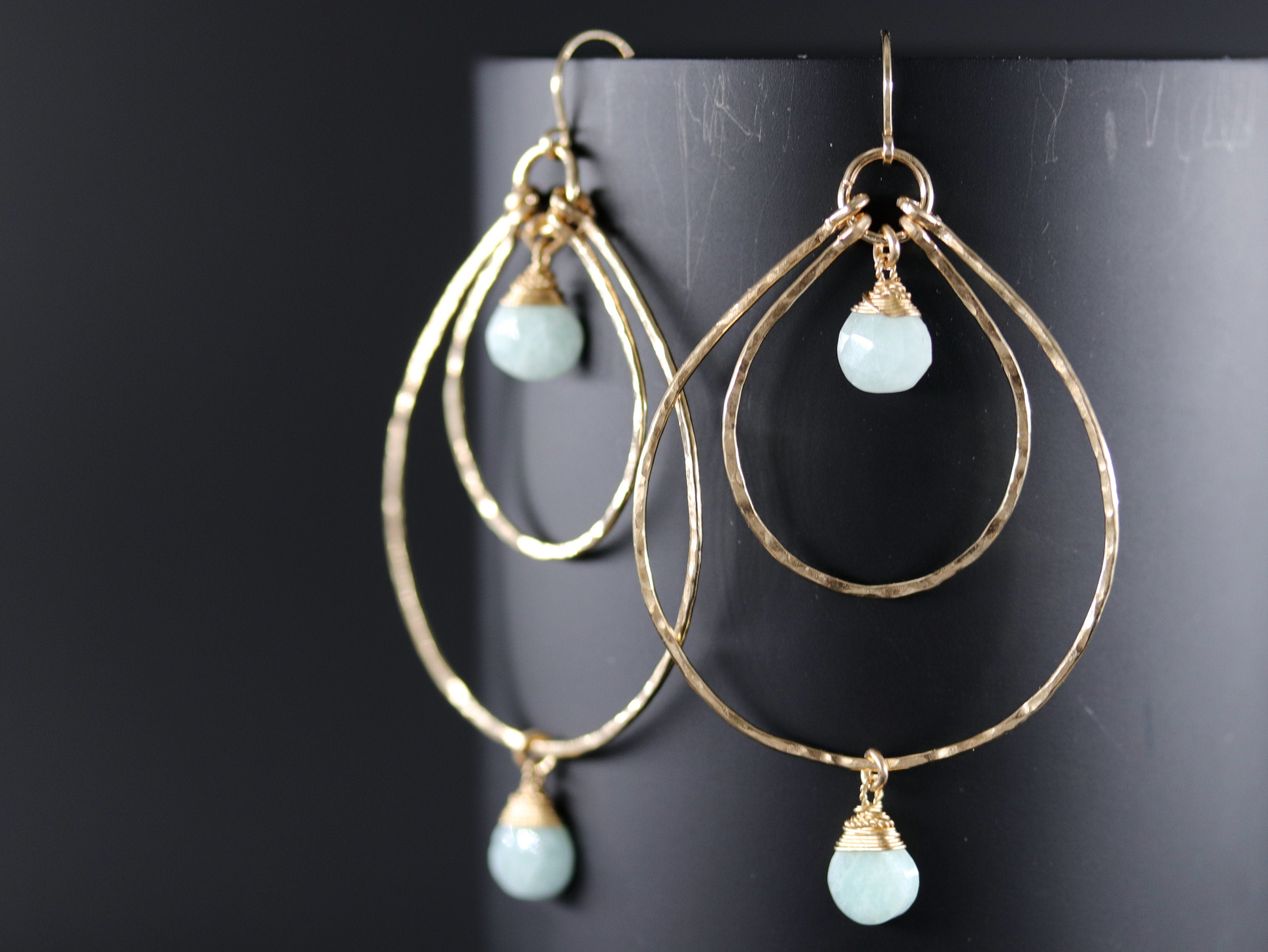 Amazonite Teardrop Chandelier Earrings, 14K Gold Filled Boho Dangle, Statement Jewelry