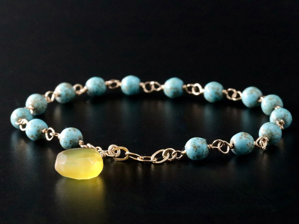 Turquoise Magnesite Yellow Chalcedony Gemstone Bracelet, 14K Gold Filled Rosary Chain, Minimalist Jewelry
