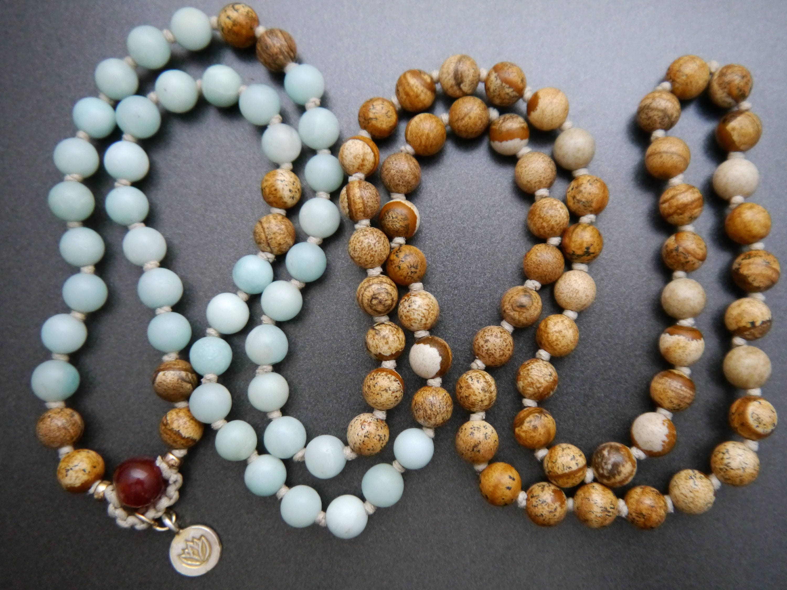 Earth Tone Picture Jasper Blue Amazonite Mala Beads, 108 Gemstone Beads, Wrap, Hand Knotted