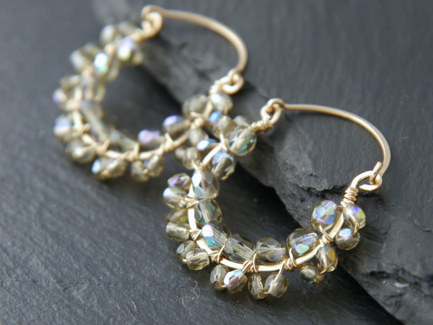 Gray Czech Glass Woven Lace Hoop Gemstone Earrings, 14K Gold Filled Classic Style