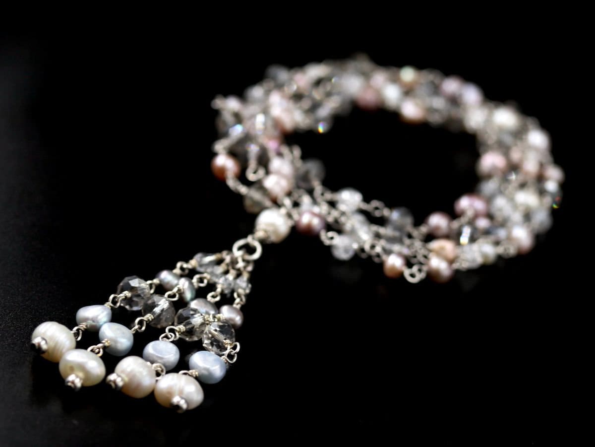 Freshwater Pearl Rosary Lariat Y Tassel Gemstone Necklace, Sterling Silver, Bohemian