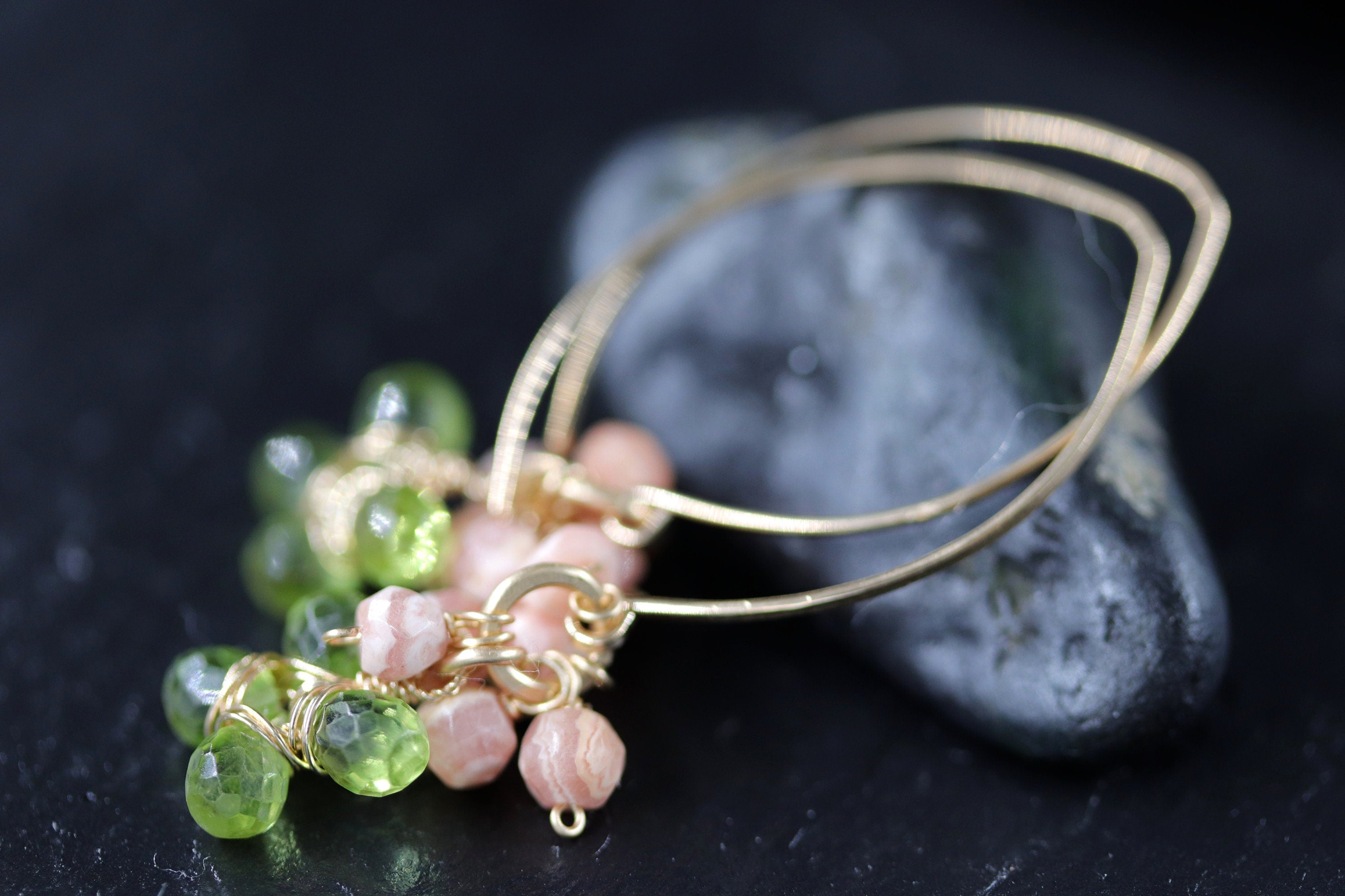 Peridot Rhodonite Floral Cluster Hoop Gemstone Earrings, 14K Gold Filled Botanicals