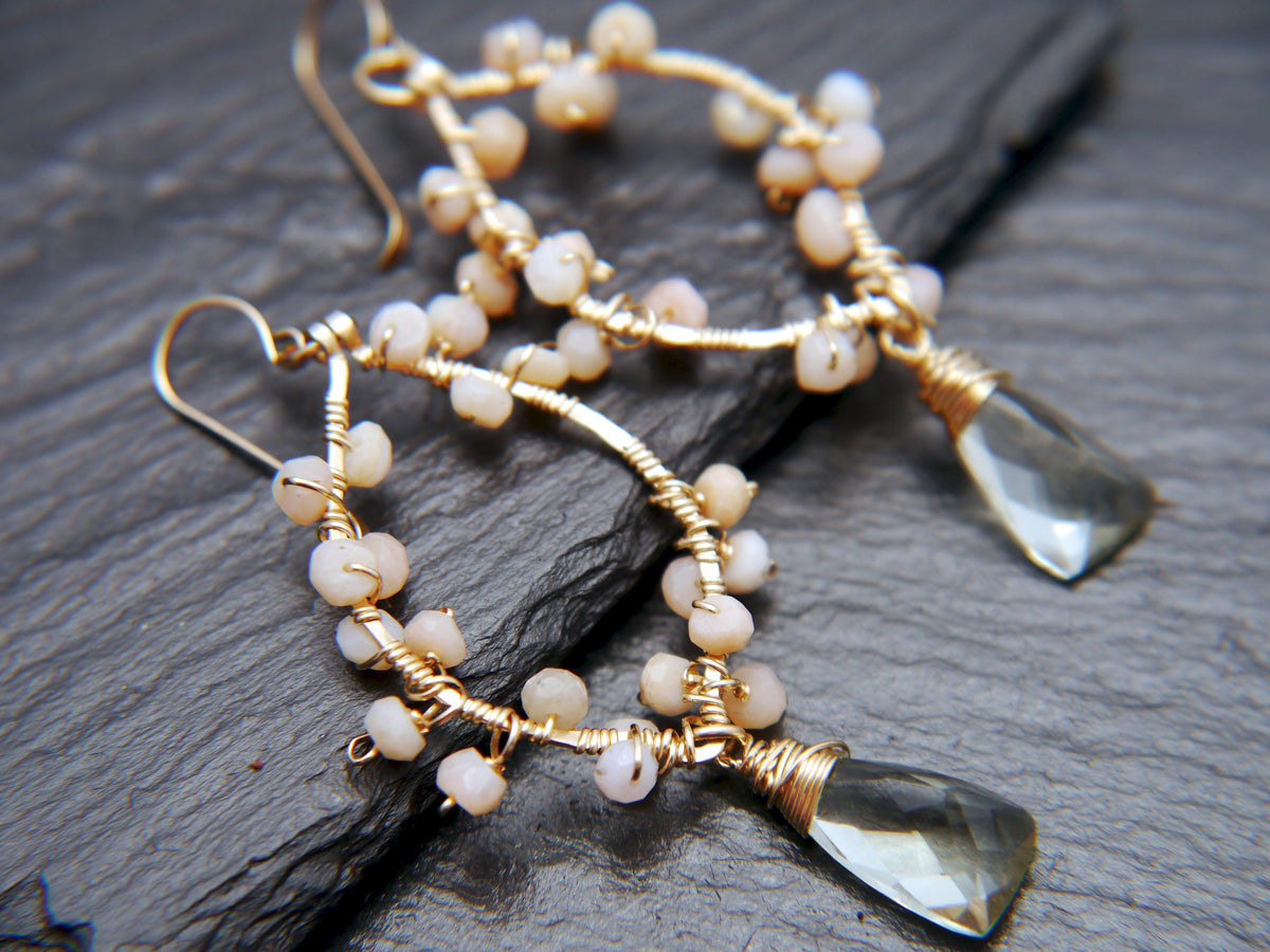 Bridal Chandelier Gold Earrings, 14K Gold Filled, Pink Opal, Aquamarine & Green Amethyst, Garden Wedding Earrings