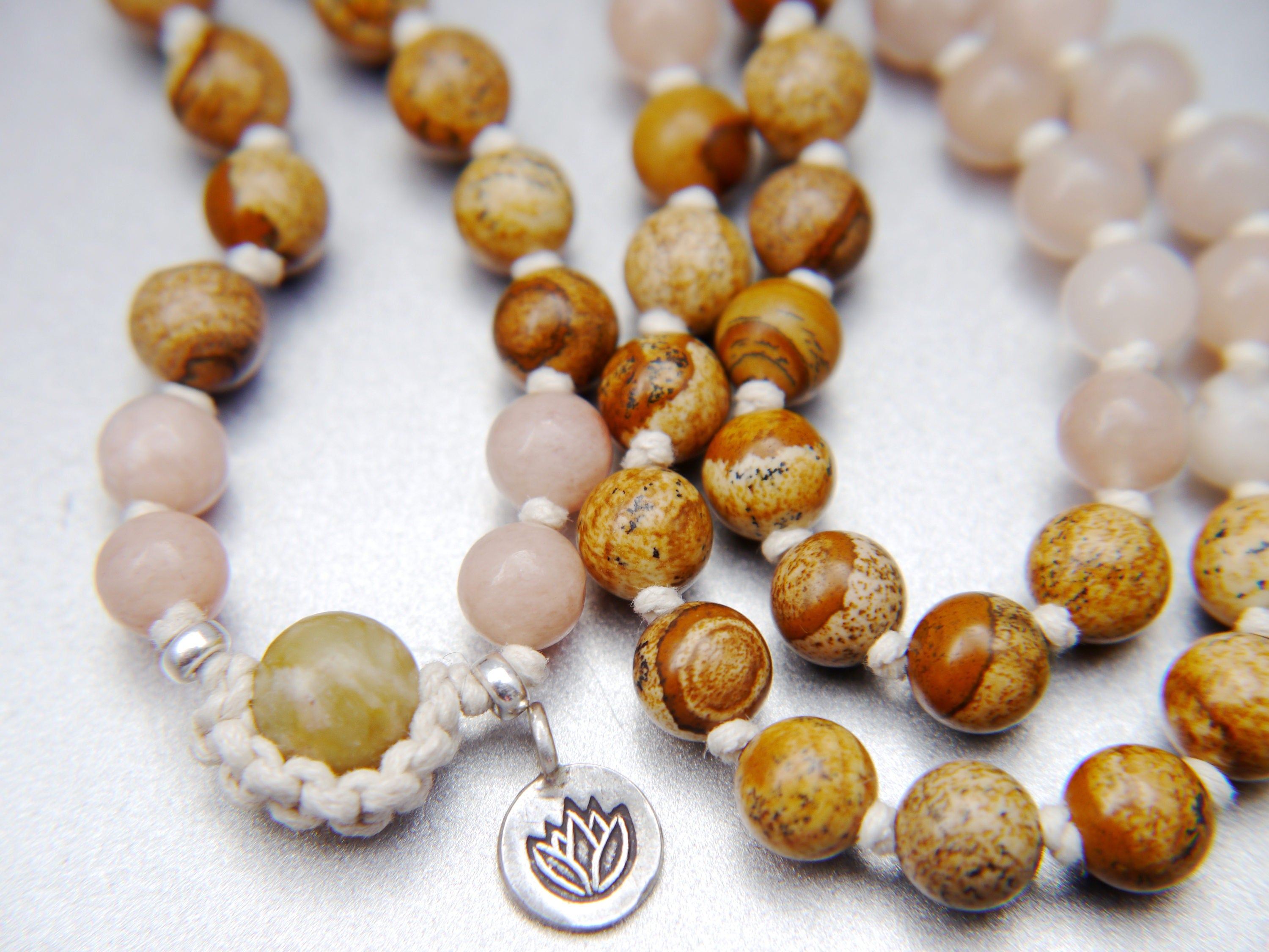 Picture Jasper Pink Aventurine 108 Mala , Hand Knotted , Tibetan Prayer Beads