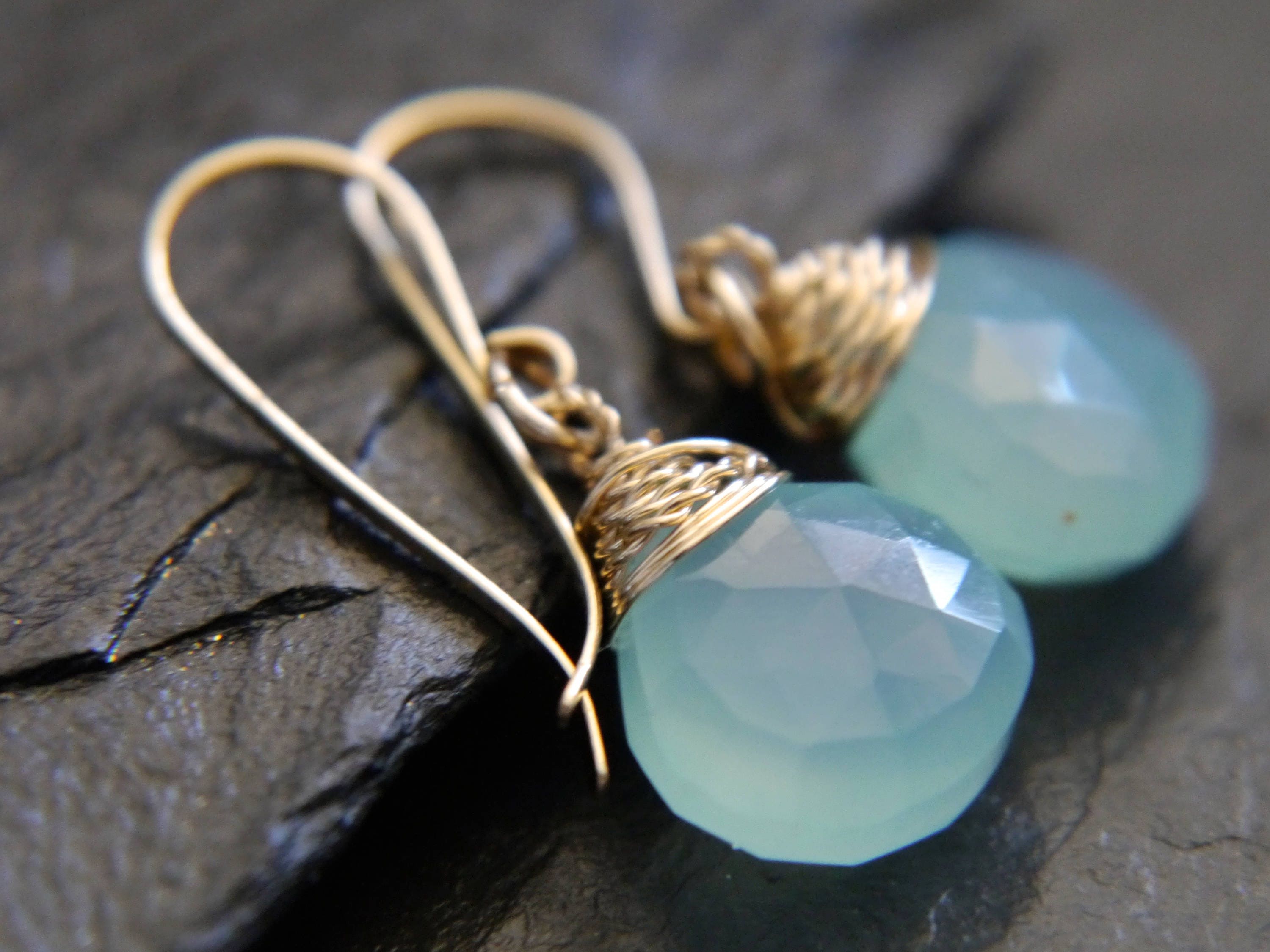 Aqua Chalcedony Heart Briolette Teardrop Gemstone Earrings, 14K Gold Filled Romantic Gift