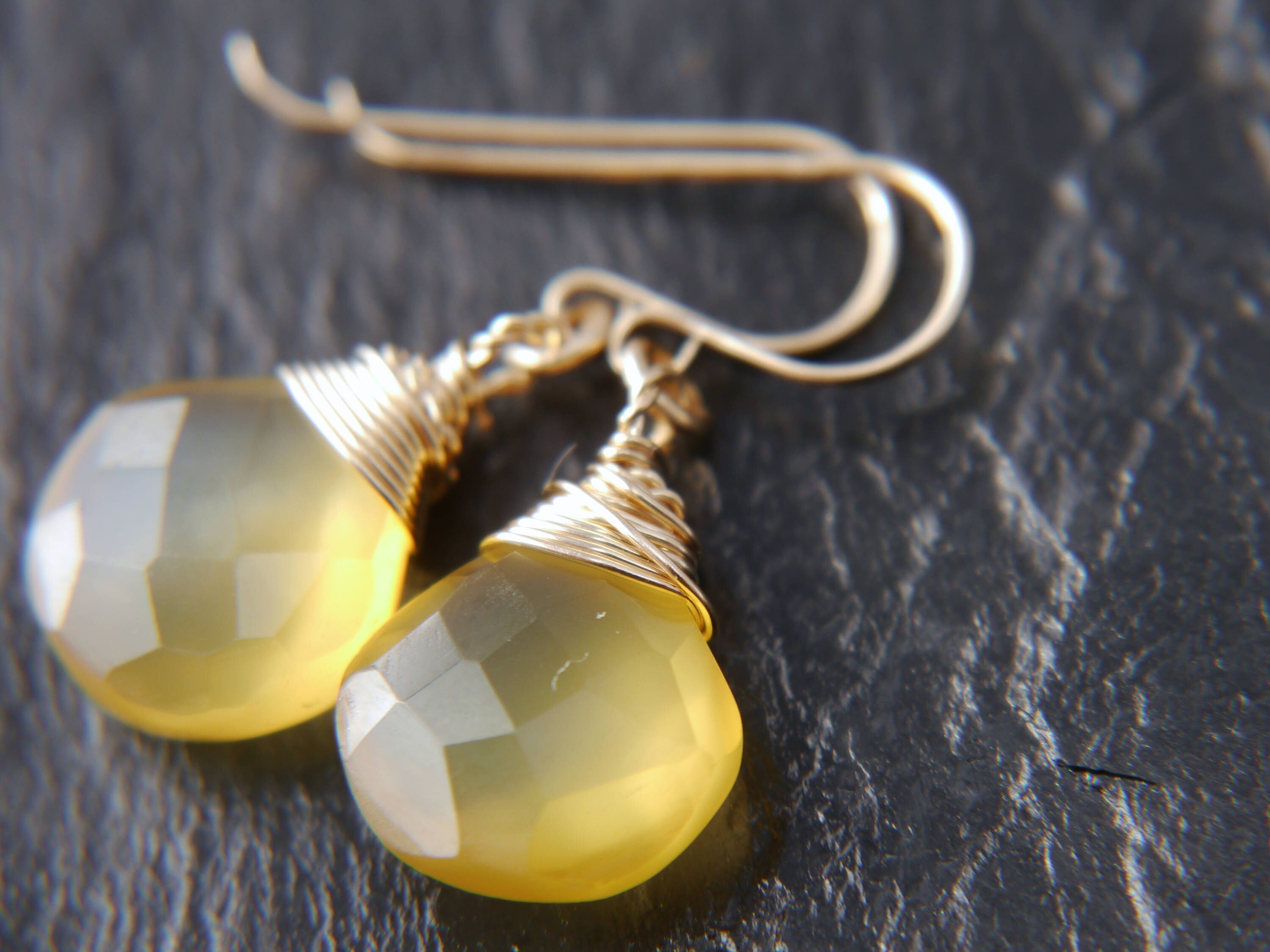Yellow Chalcedony Heart Briolette Drop Gemstone Earrings, 14K Gold Filled Minimalist