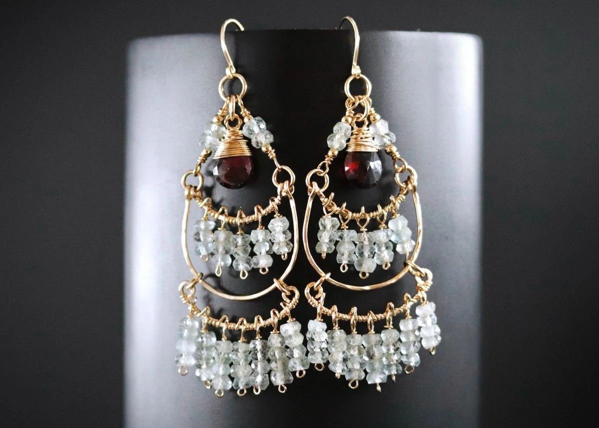 Garnet Aquamarine Fringe Chandelier Gemstone Earrings, 14K Gold Filled Bohemian Jewelry