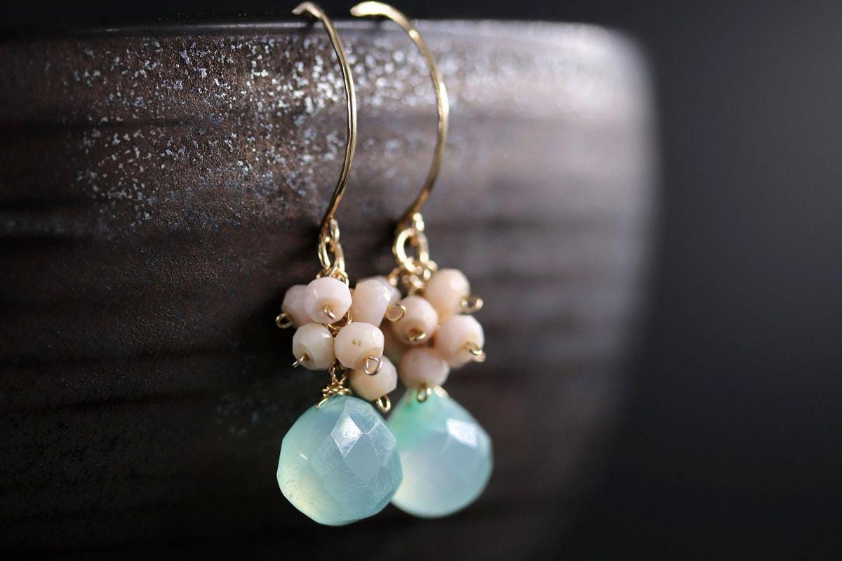 Aqua Chalcedony Pink Opal Floral Cluster Gemstone Earrings, 14K Gold Filled Bohemian