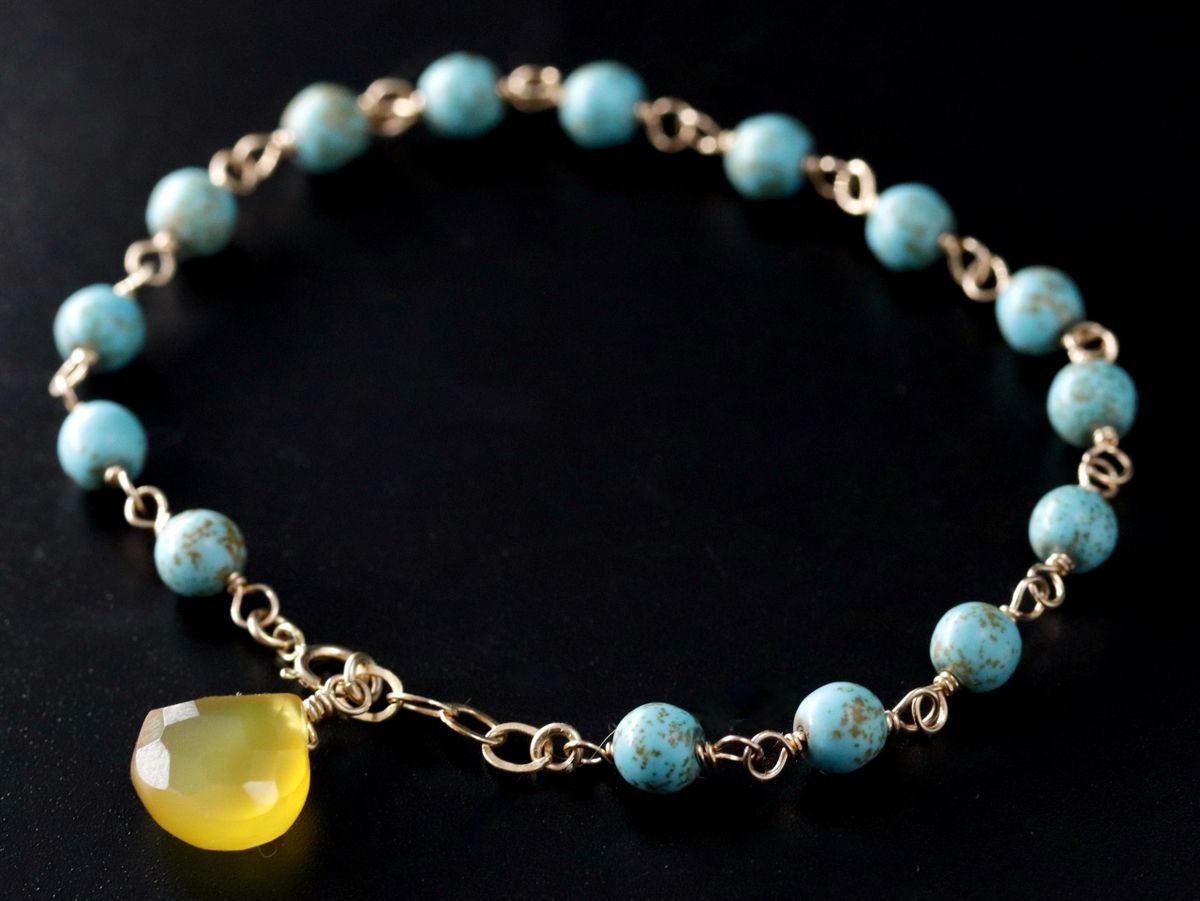 Turquoise Magnesite Yellow Chalcedony Gemstone Bracelet, 14K Gold Filled Rosary Chain, Minimalist Jewelry