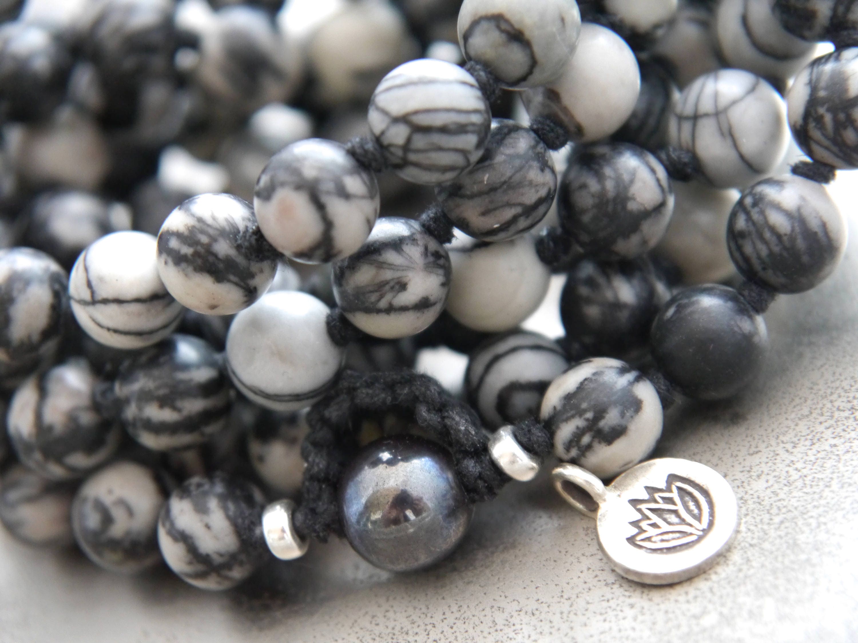 Black Silkstone Hematite 108 Mala Bead , Wrap, Hand Knotted Tibetan Prayer Beads