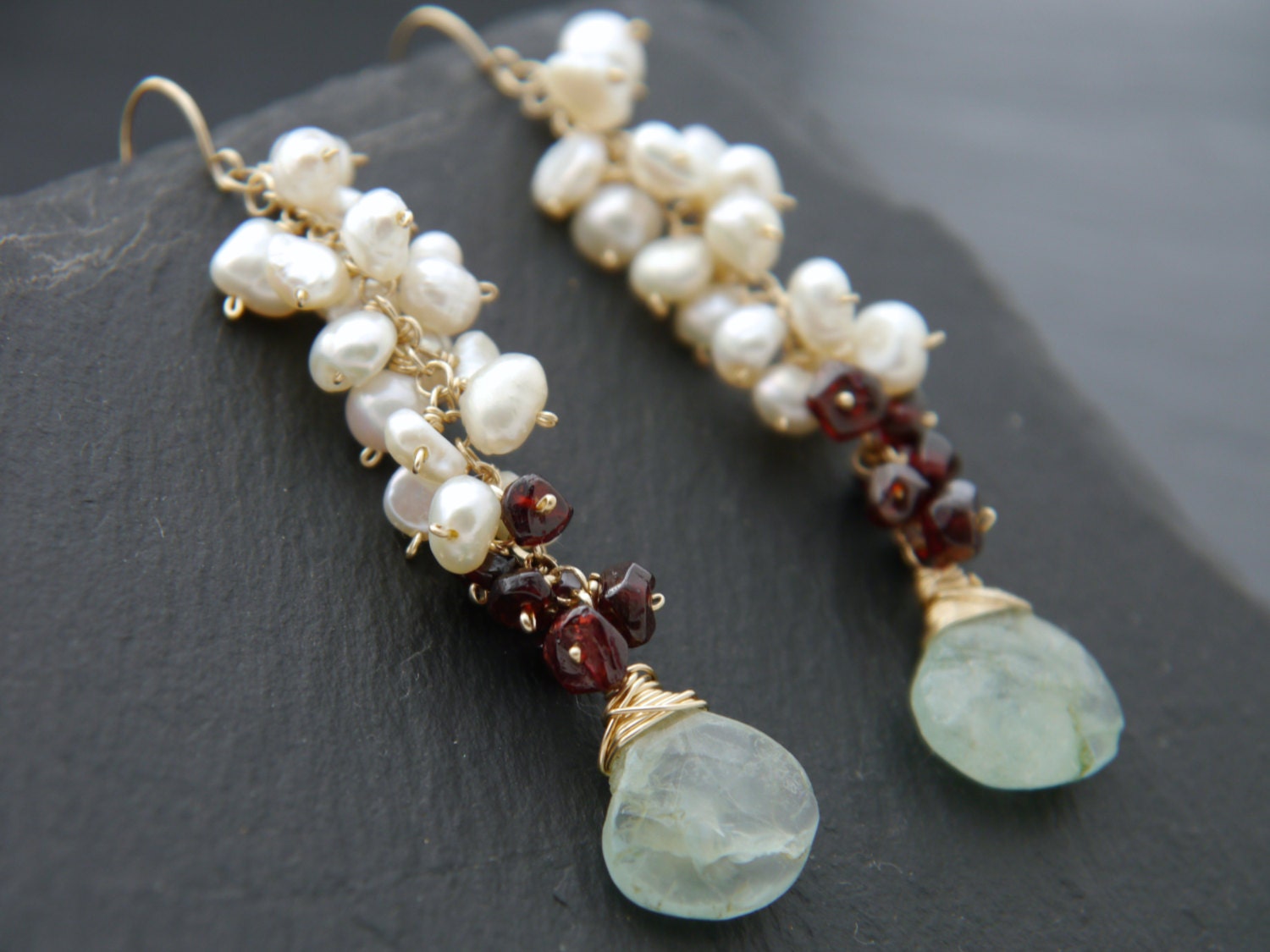 Aquamarine Garnet Pearl Cluster Long Dangle Floral Gemstone Earrings, 14K Gold Filled