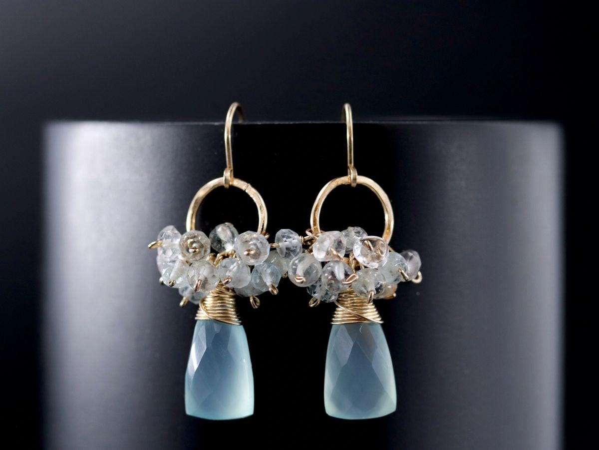 Labradorite Opal Cluster Gemstone Earrings, 14K Gold Filled Bohemian Wedding