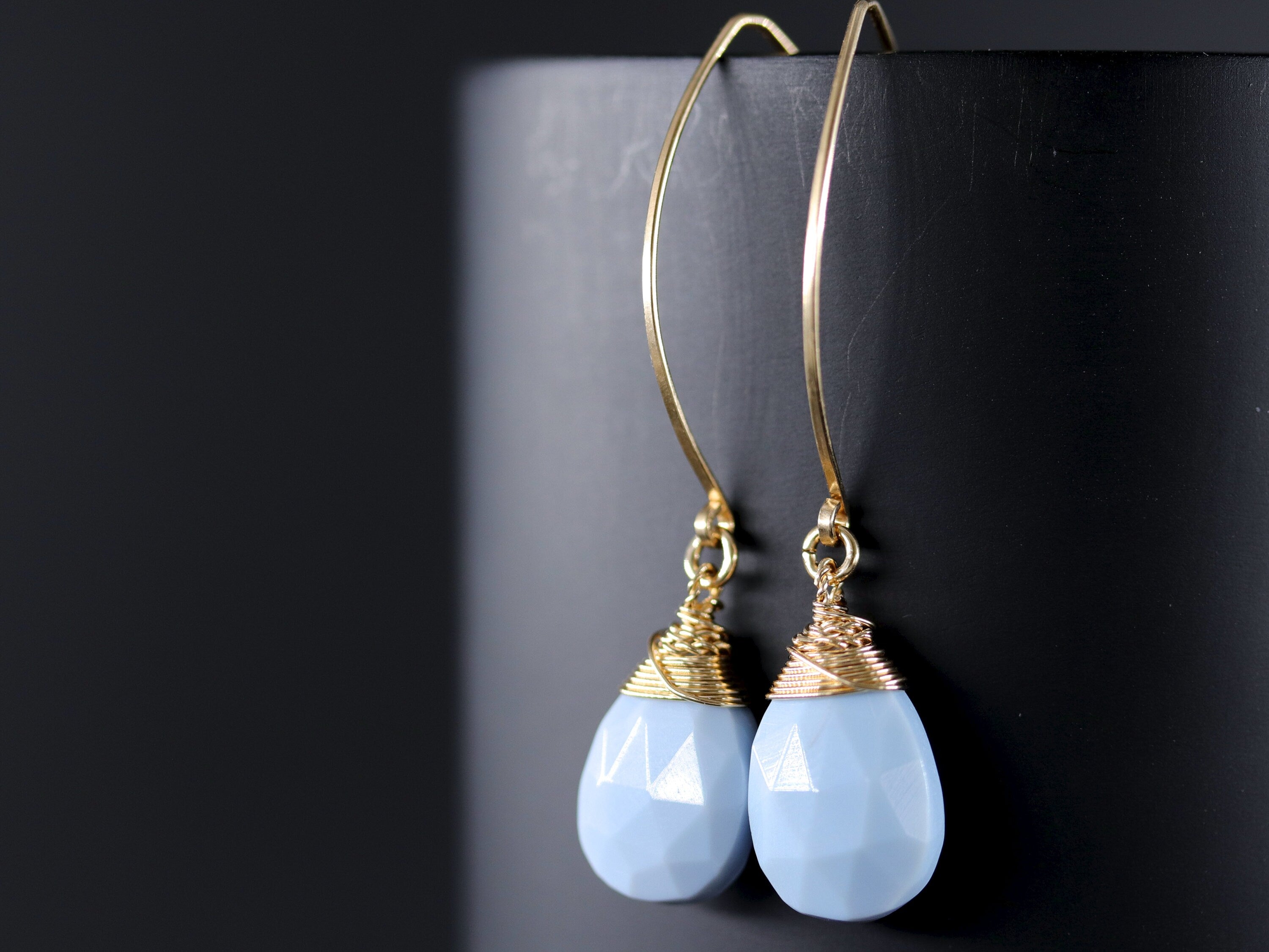 Blue Opal Teardrop Long Hoop Gemstone Earrings, 14K Gold Filled Minimalist