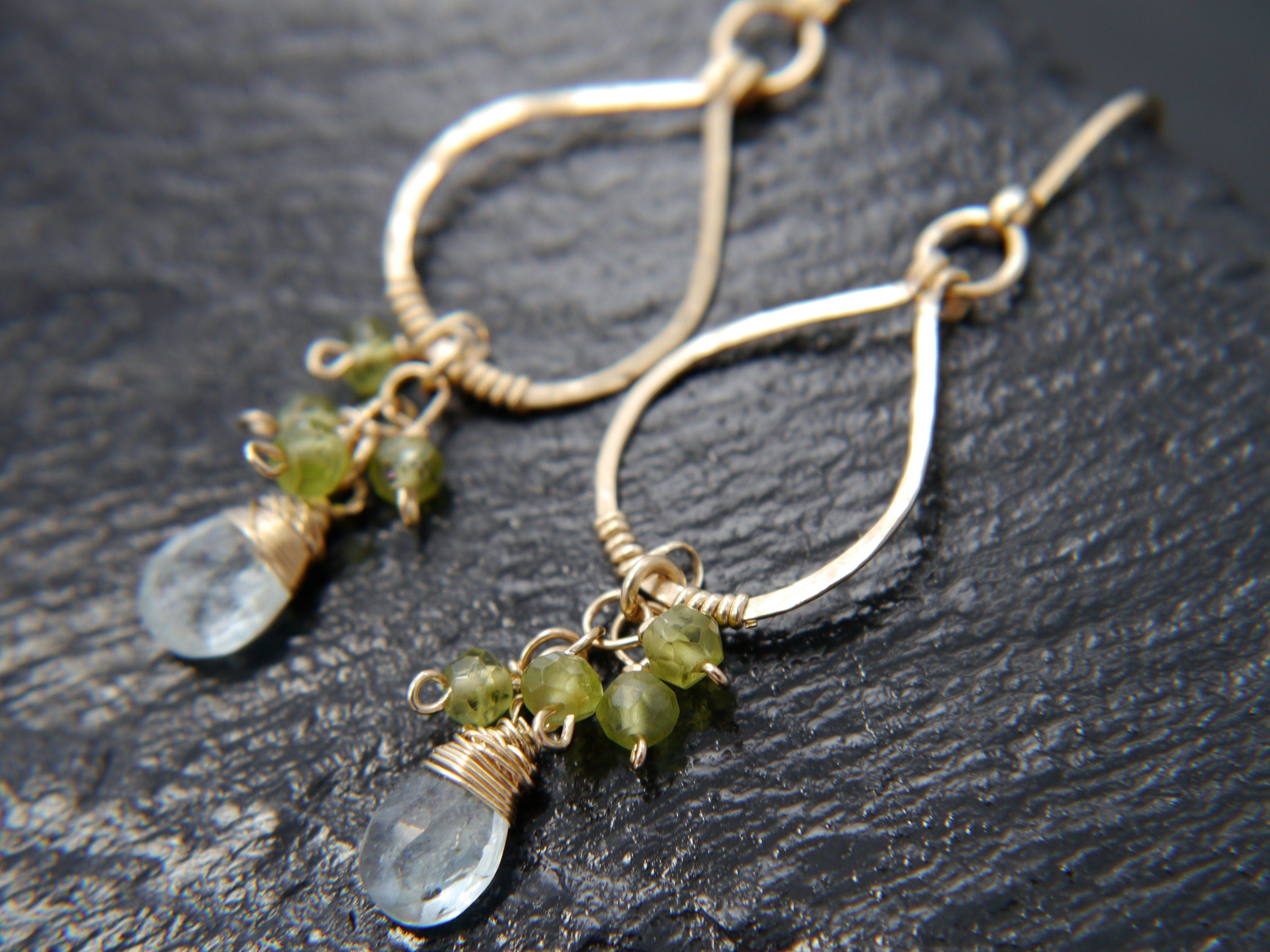 Aquamarine Peridot Chandelier Floral Gemstone Earrings, 14K Gold Filled Bohemian