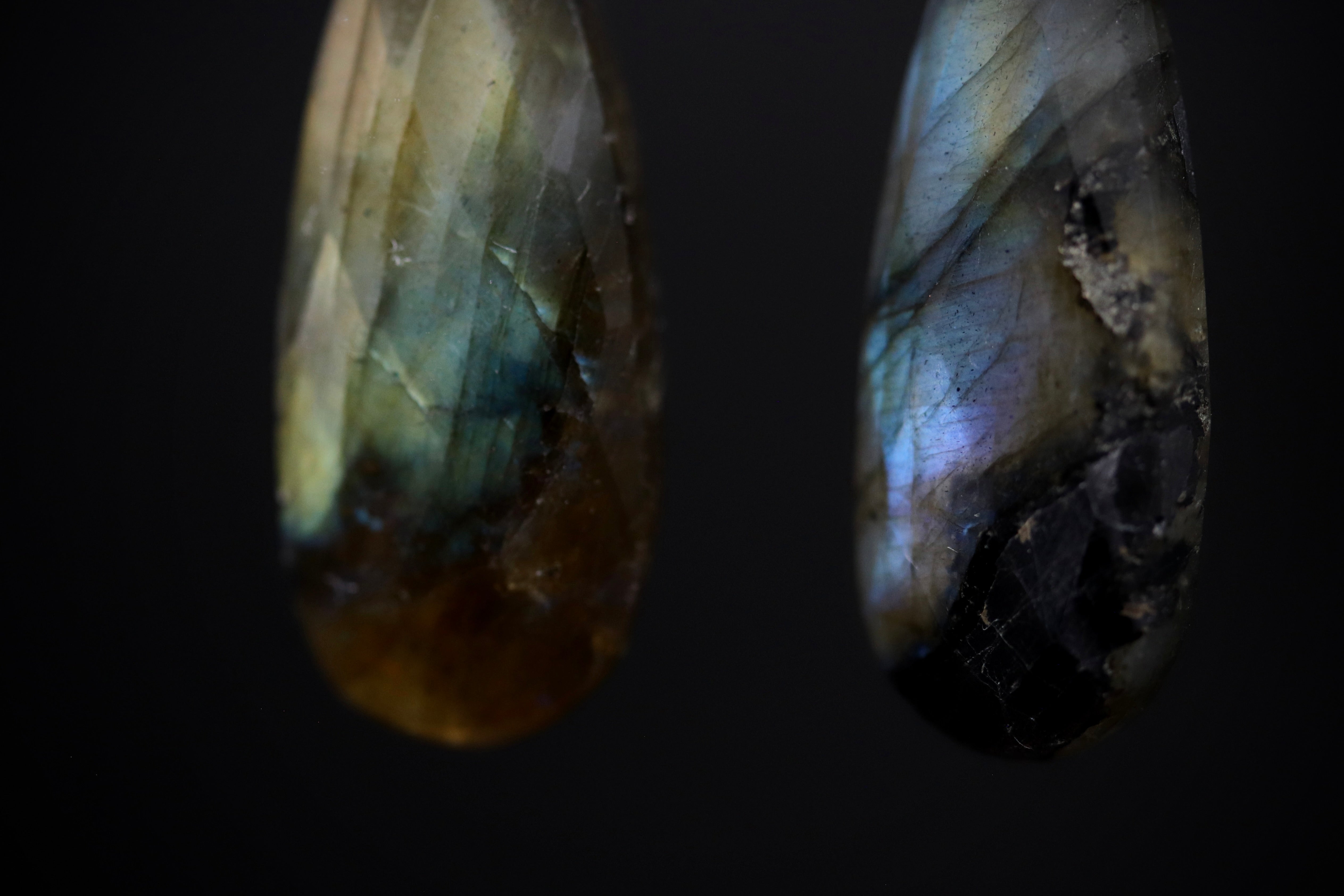 two close-up shots of a piece of jewelry, possibly a necklace or earring, with a dark background.