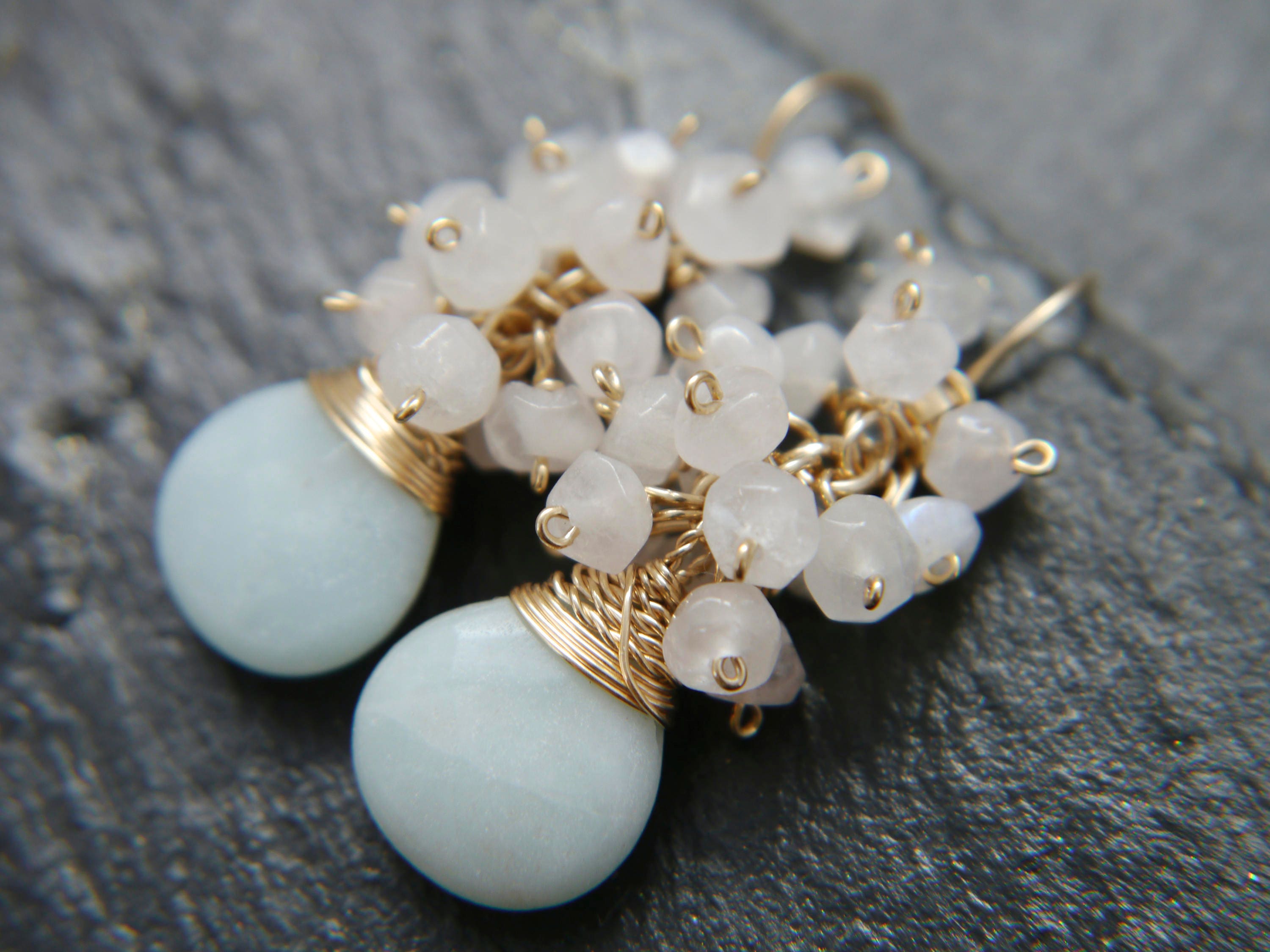Amazonite Rose Quartz Cluster Earrings, 14K Gold Filled Floral Dangle, Garden Wedding