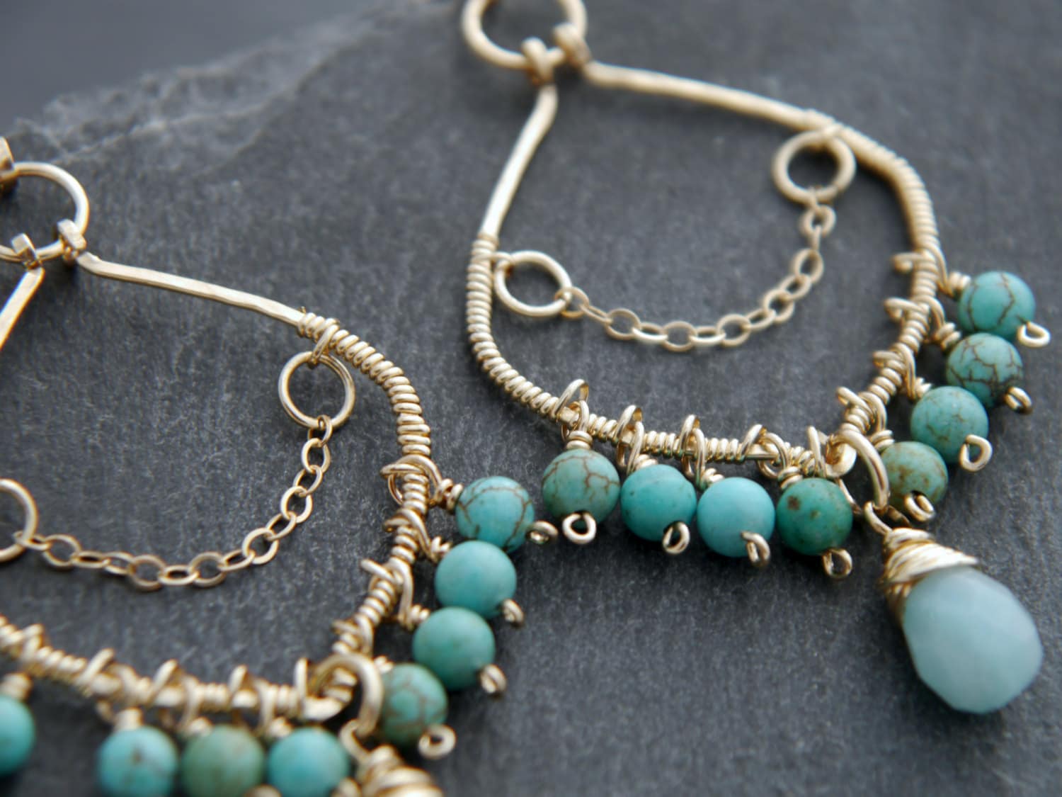 Turquoise Magenesite Aqua Amazonite Chandelier Fringe Gemstone Earrings, 14K Gold Filled