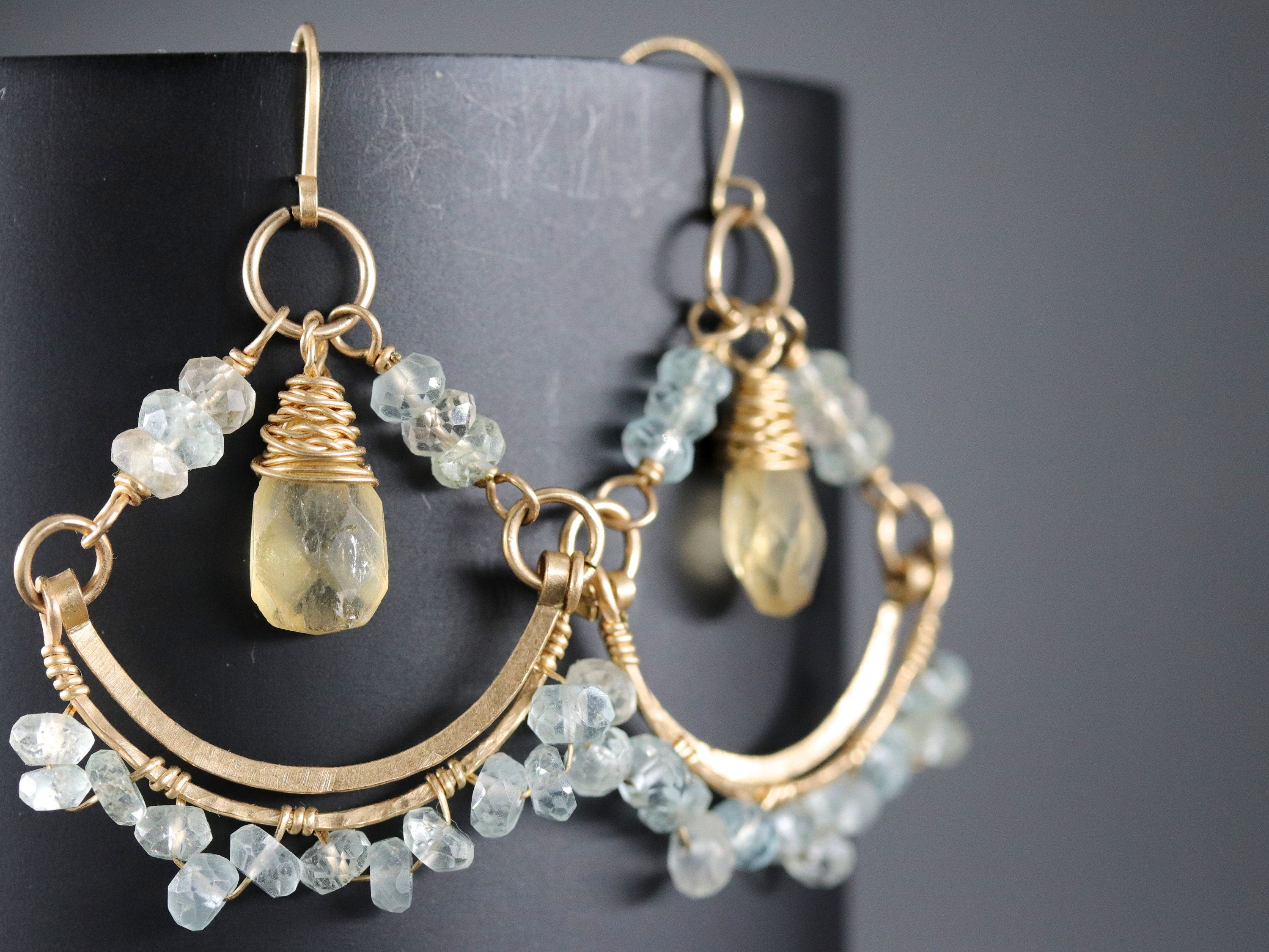 Aquamarine Citrine Floral Chandelier Gemstone Earrings, 14K Gold Filled Ethereal