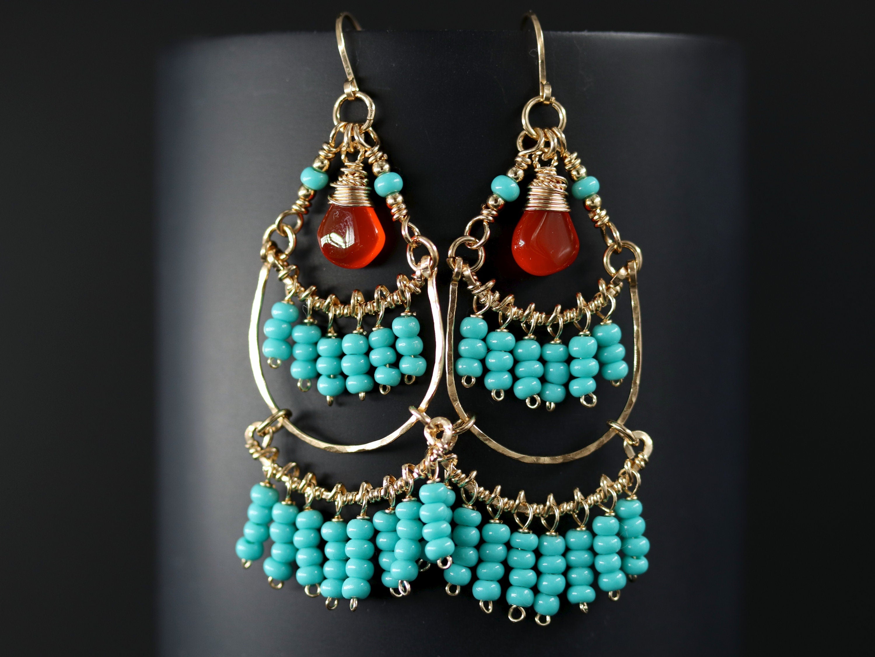 Aqua Czech Glass Carnelian Fringe Chandelier Gemstone Earrings, 14K Gold Filled
