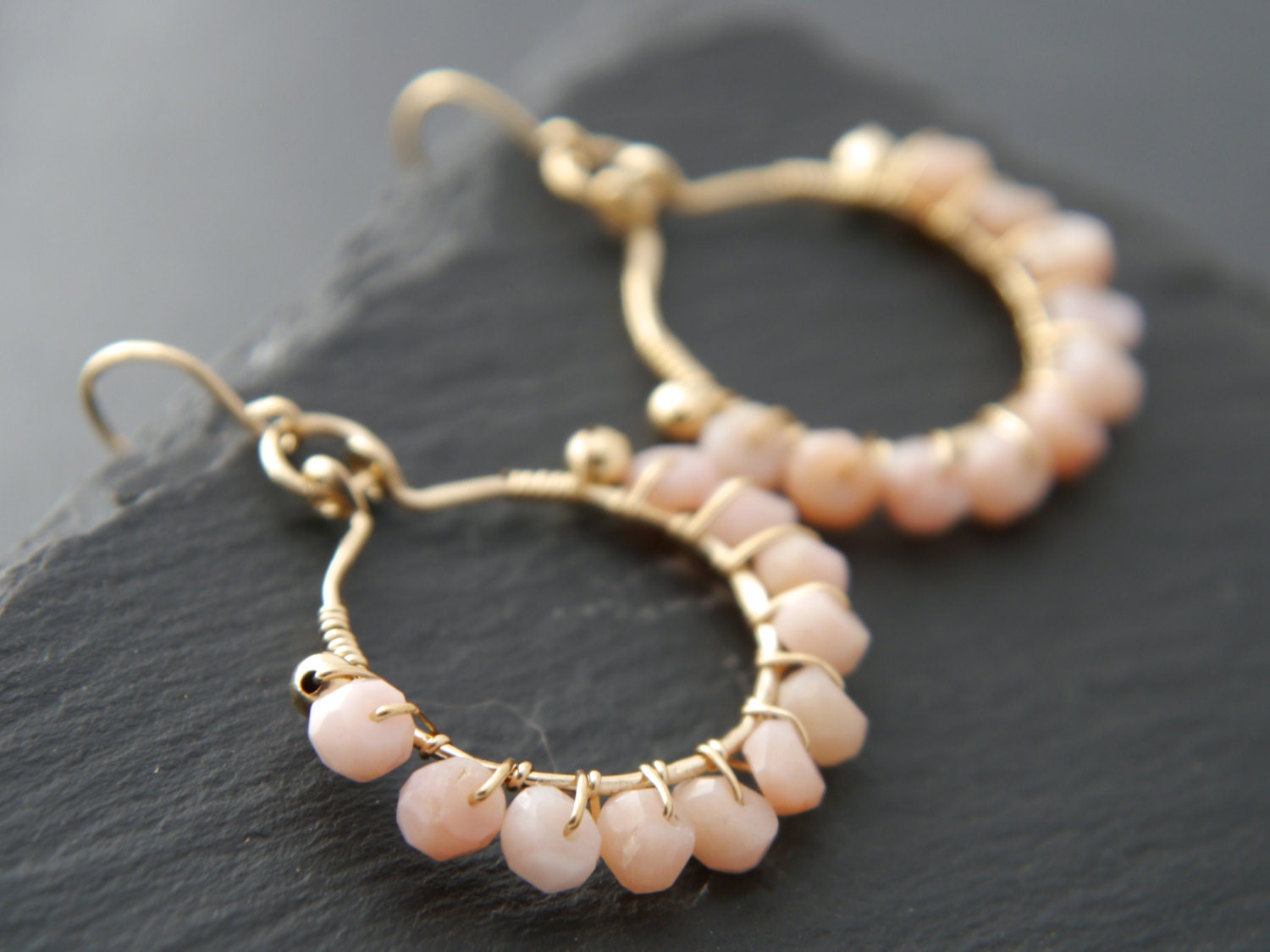 Pink Opal Floral Hoop Gemstone Earrings, 14K Gold Filled Spring Wedding