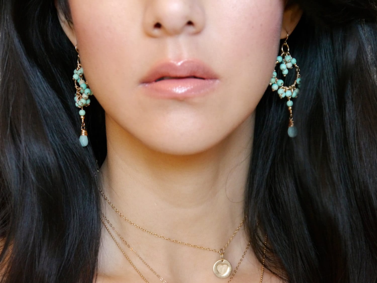 Amazonite Turquoise Chandelier Earrings, 14K Gold Filled Boho Statement Dangle, Coastal Jewelry