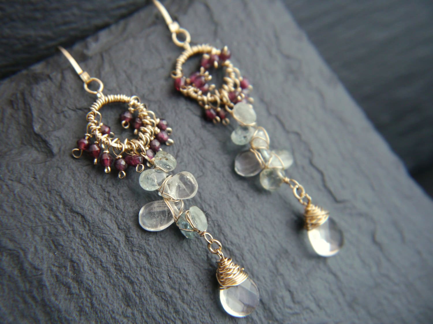 Aquamarine Garnet Floral Chandelier Earrings, 14K Gold Filled Dangle, Bohemian Jewelry