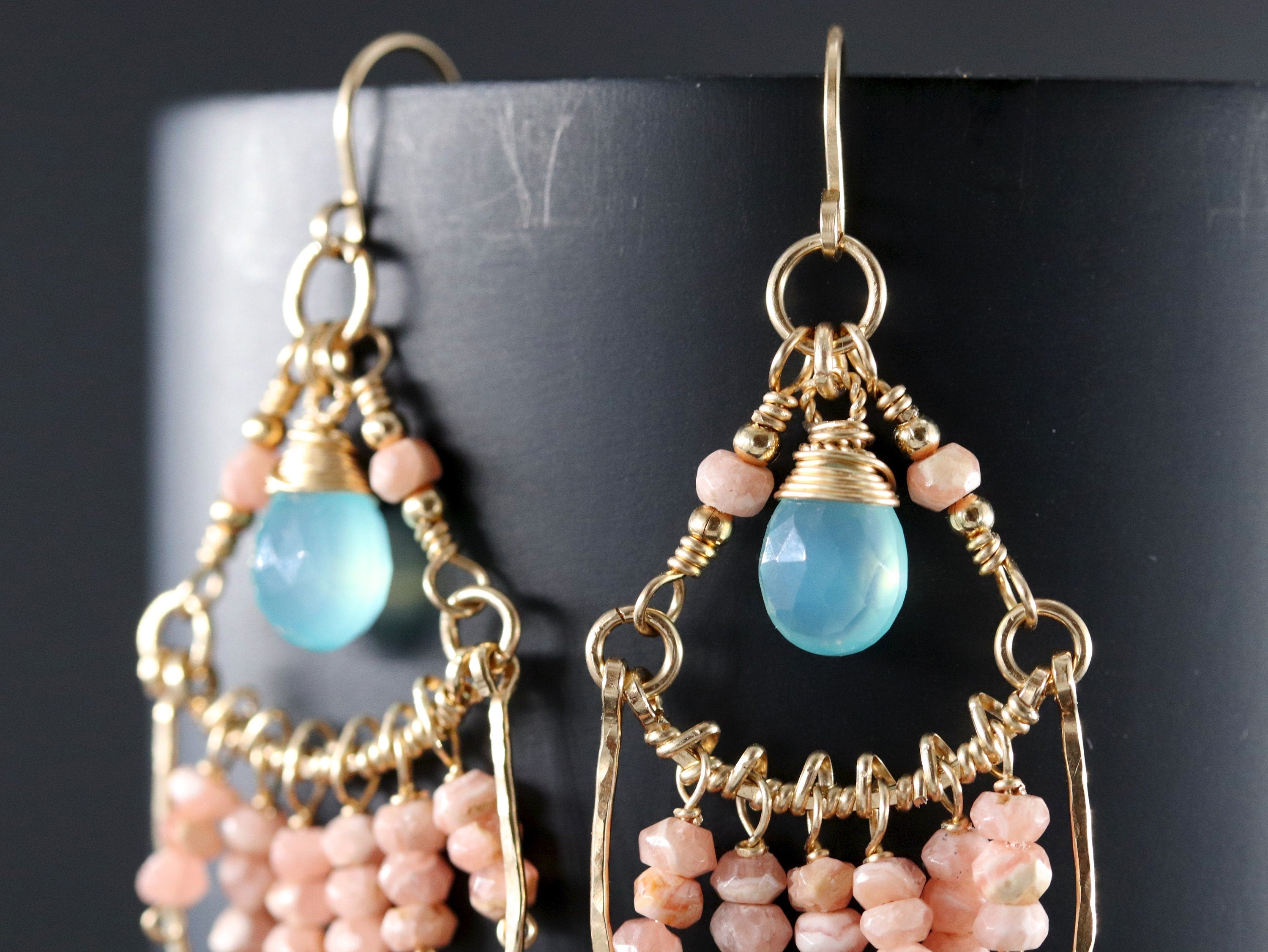 Pink Rhodonite Aqua Chalcedony Fringe Chandelier Gemstone Earrings, 14K Gold Filled