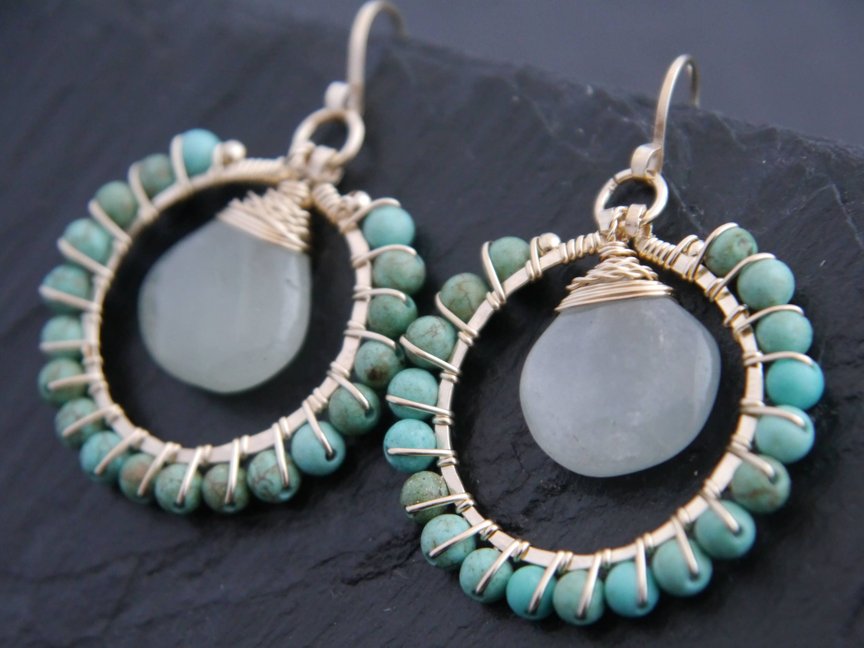 Turquoise Magensite Aquamarine Teardrop Hoop Gemstone Earrings, 14K Gold Filled