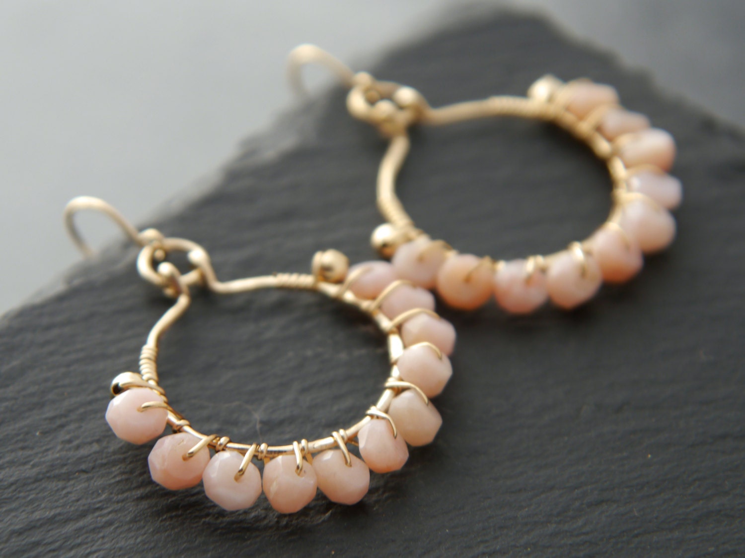 Pink Opal Floral Hoop Gemstone Earrings, 14K Gold Filled Spring Wedding