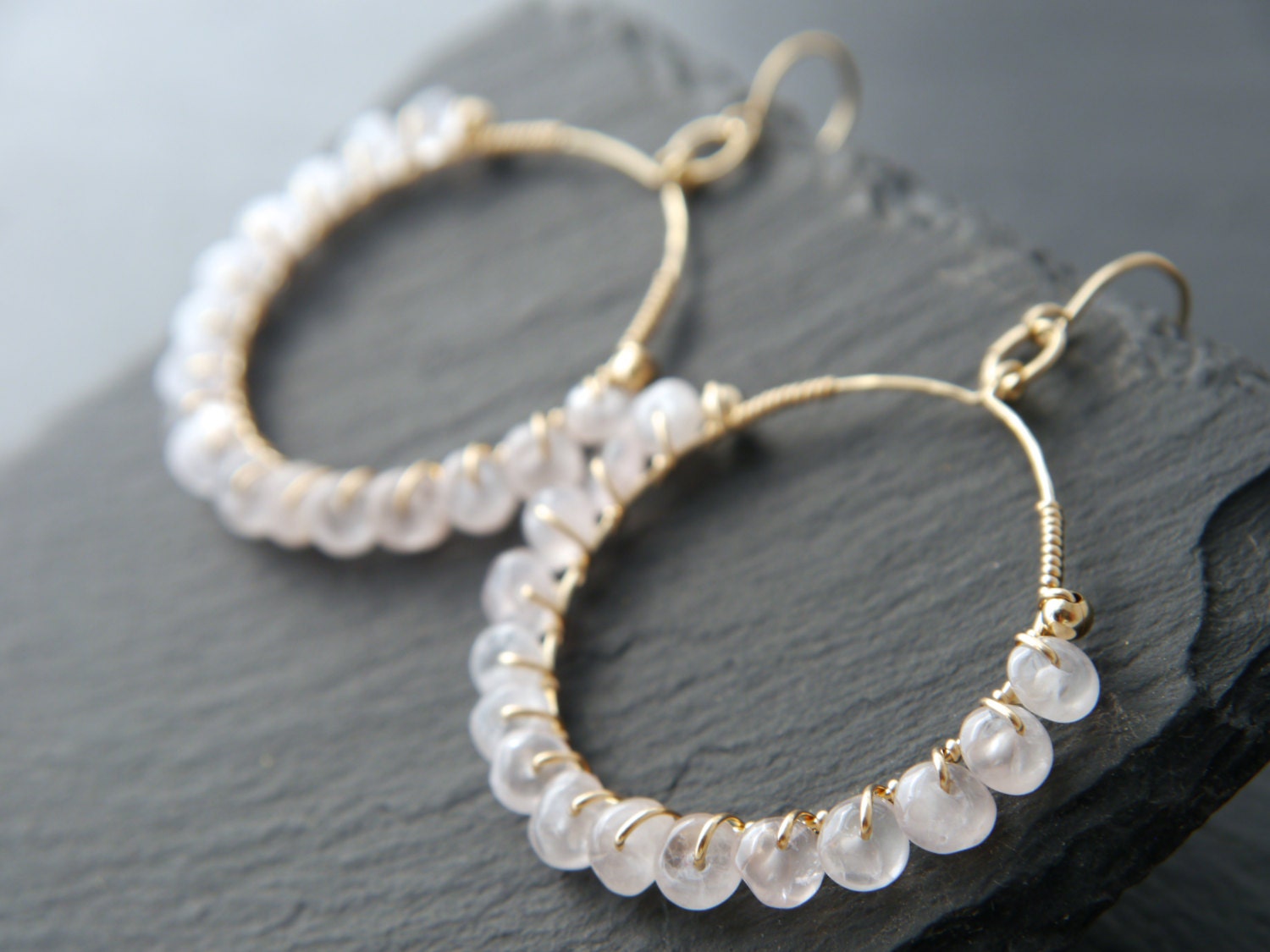 Rose Quartz Hoop Dangle Gemstone Earrings, 14K Gold Filled Jewelry Boho