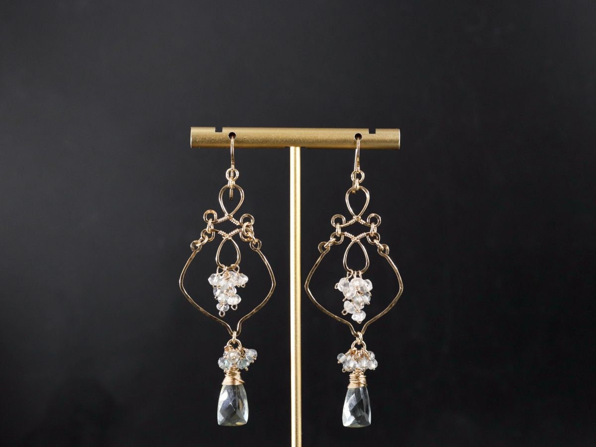 Green Amethyst Pink Opal Floral Chandelier Gemstone Earrings, 14K Gold Filled Bridal
