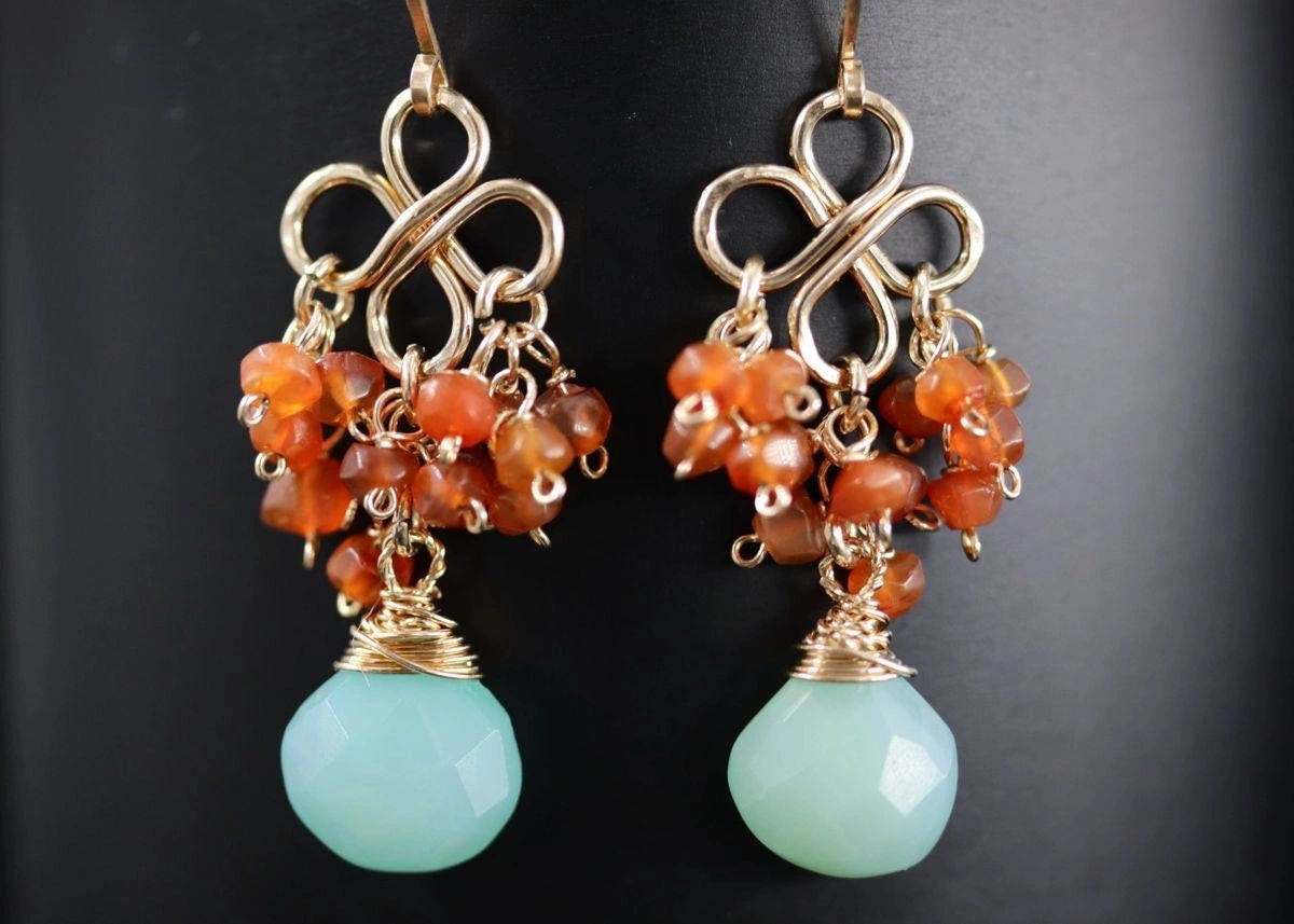 Aqua Chalcedony Carnelian Cluster Earrings, 14K Gold Filled Briolette Dangle, Artisan Jewelry