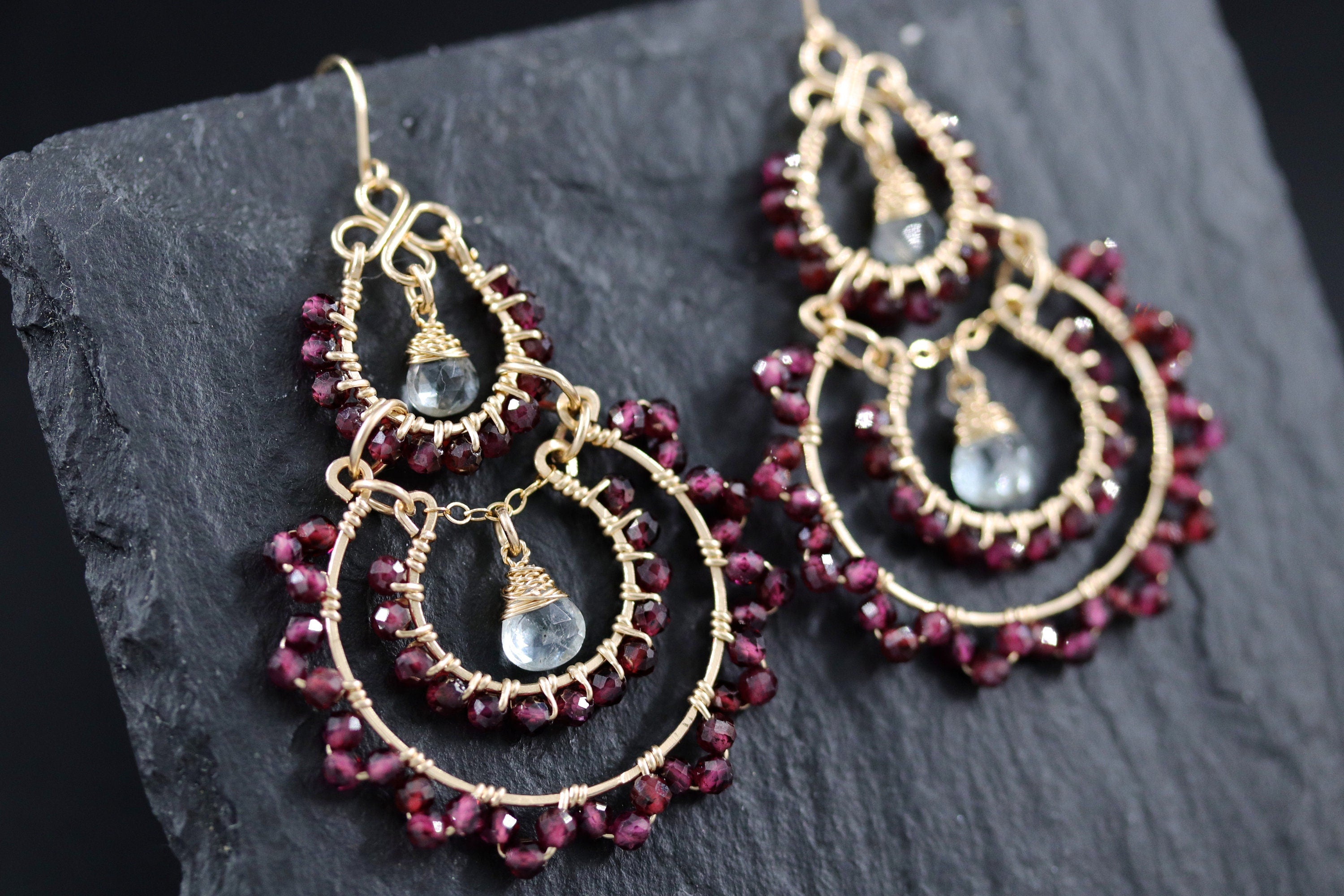 Garnet Aquamarine Fringe Chandelier Earrings, 14K Gold Filled Long Dangle, Heirloom Statement
