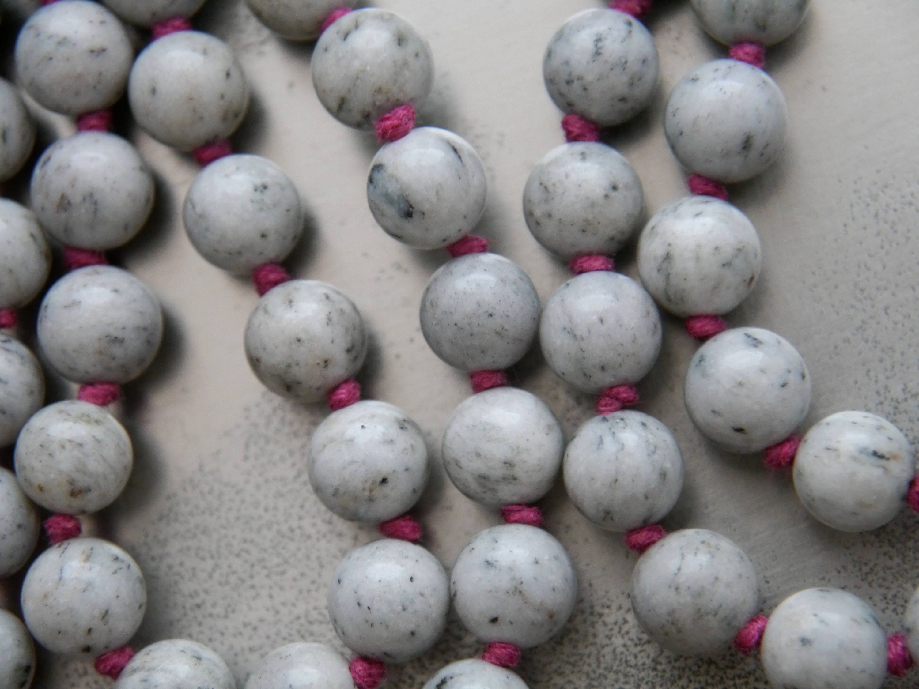 Gray Feldspar 108 Mala Bead , Wrap, Hand Knotted Tibetan Prayer Beads