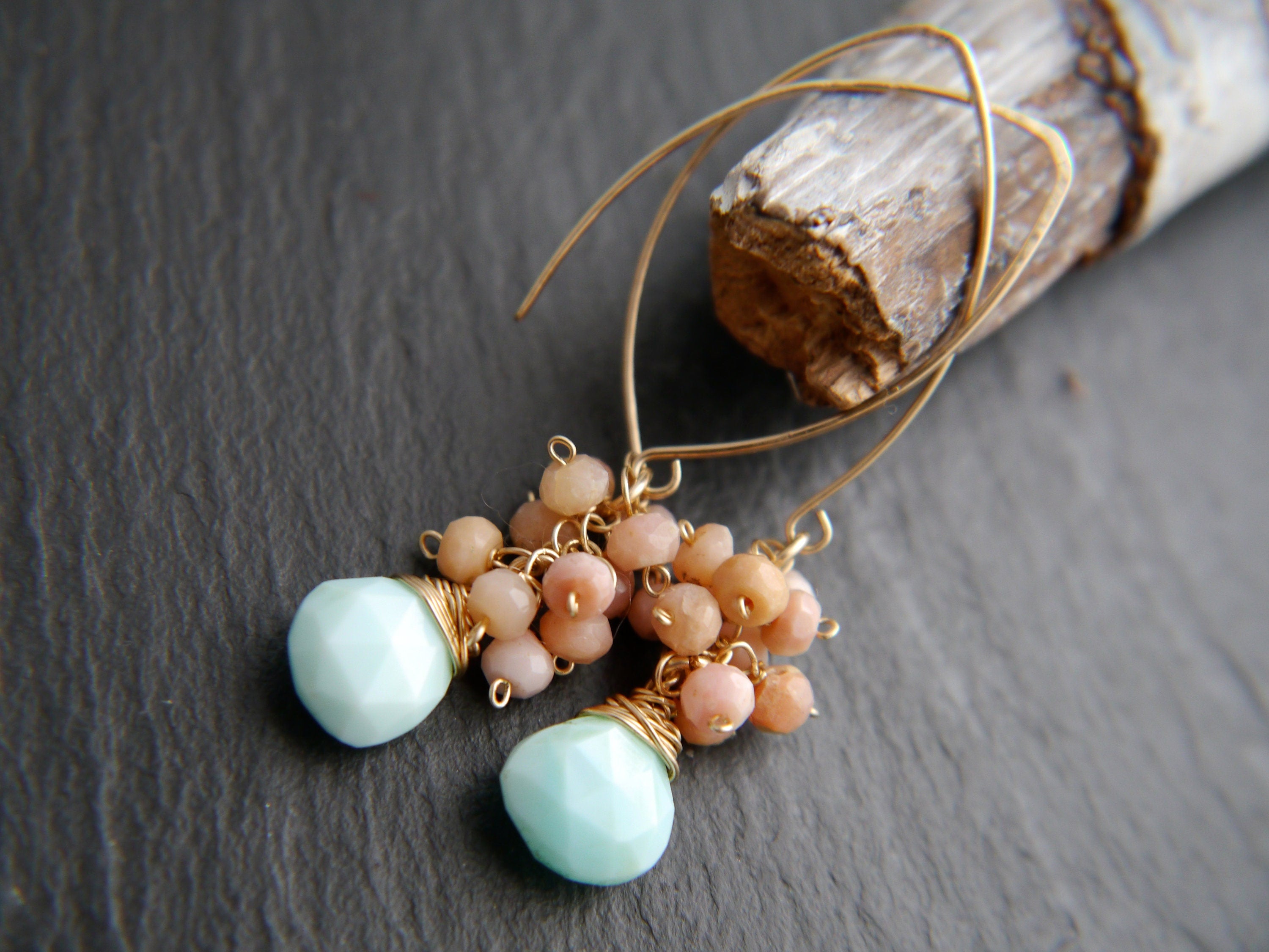 Pink Blue Opal Floral Cluster Gemstone Earrings, 14K Gold Filled Nature Inspired