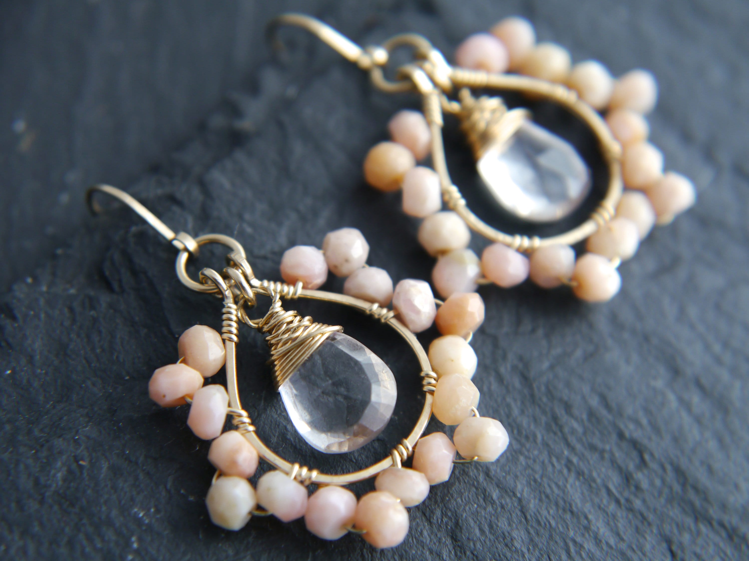 Pink Opal Teardrop Floral Gemstone Earrings, 14K Gold Filled Garden Wedding