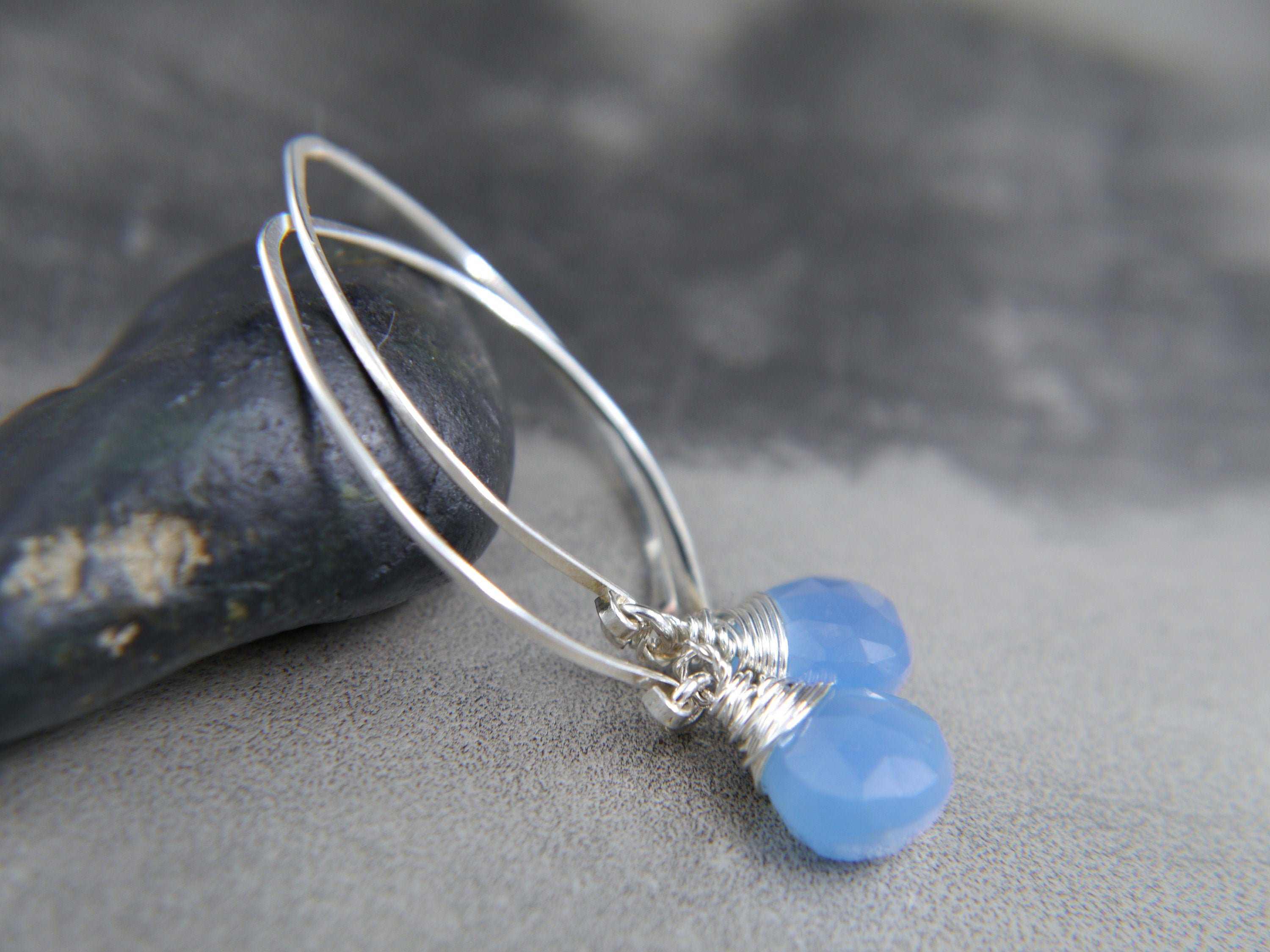 Aqua Chalcedony Long Hoop Dangle Gemstone Earrings, Sterling Silver