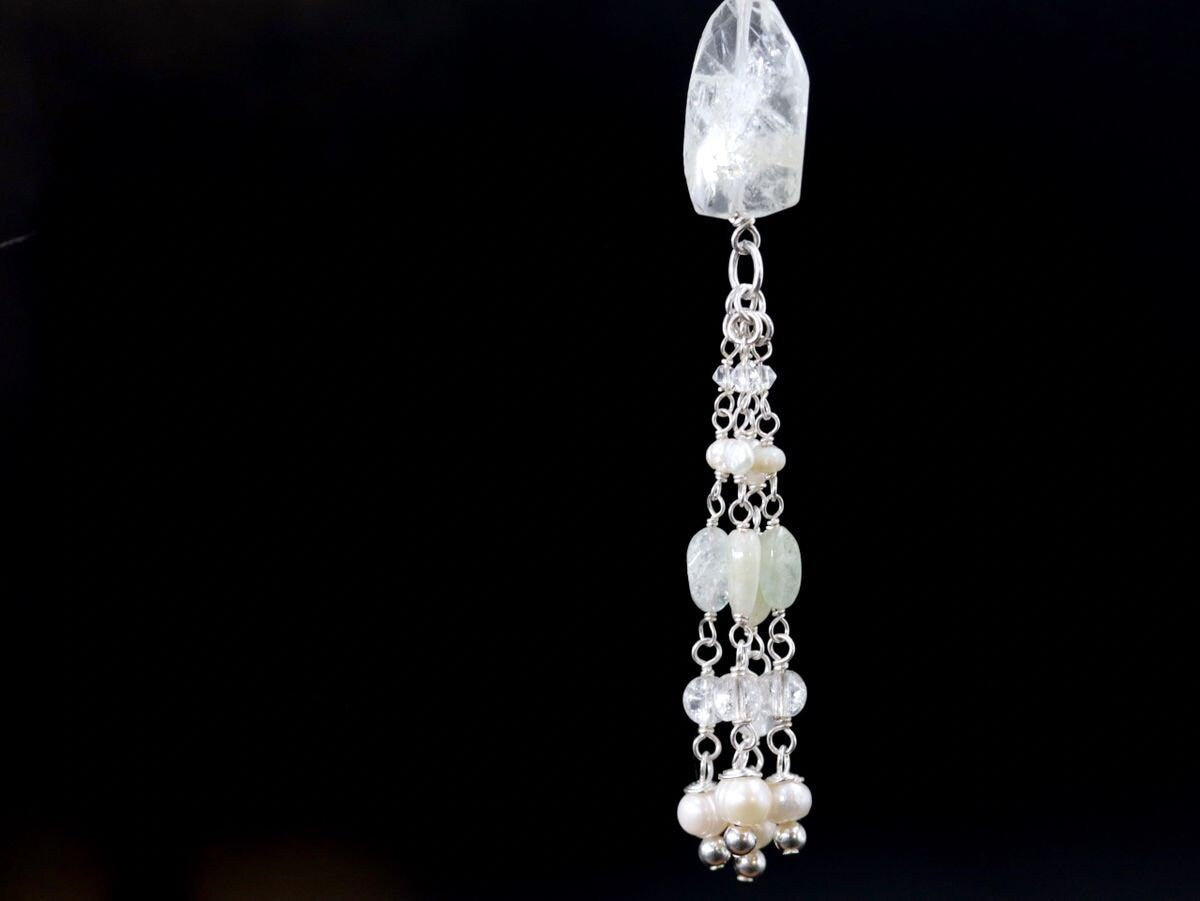 Aquamarine Pearl Rosary Chain Lariat Y Gemstone Necklace, Sterling Silver, Bohemian