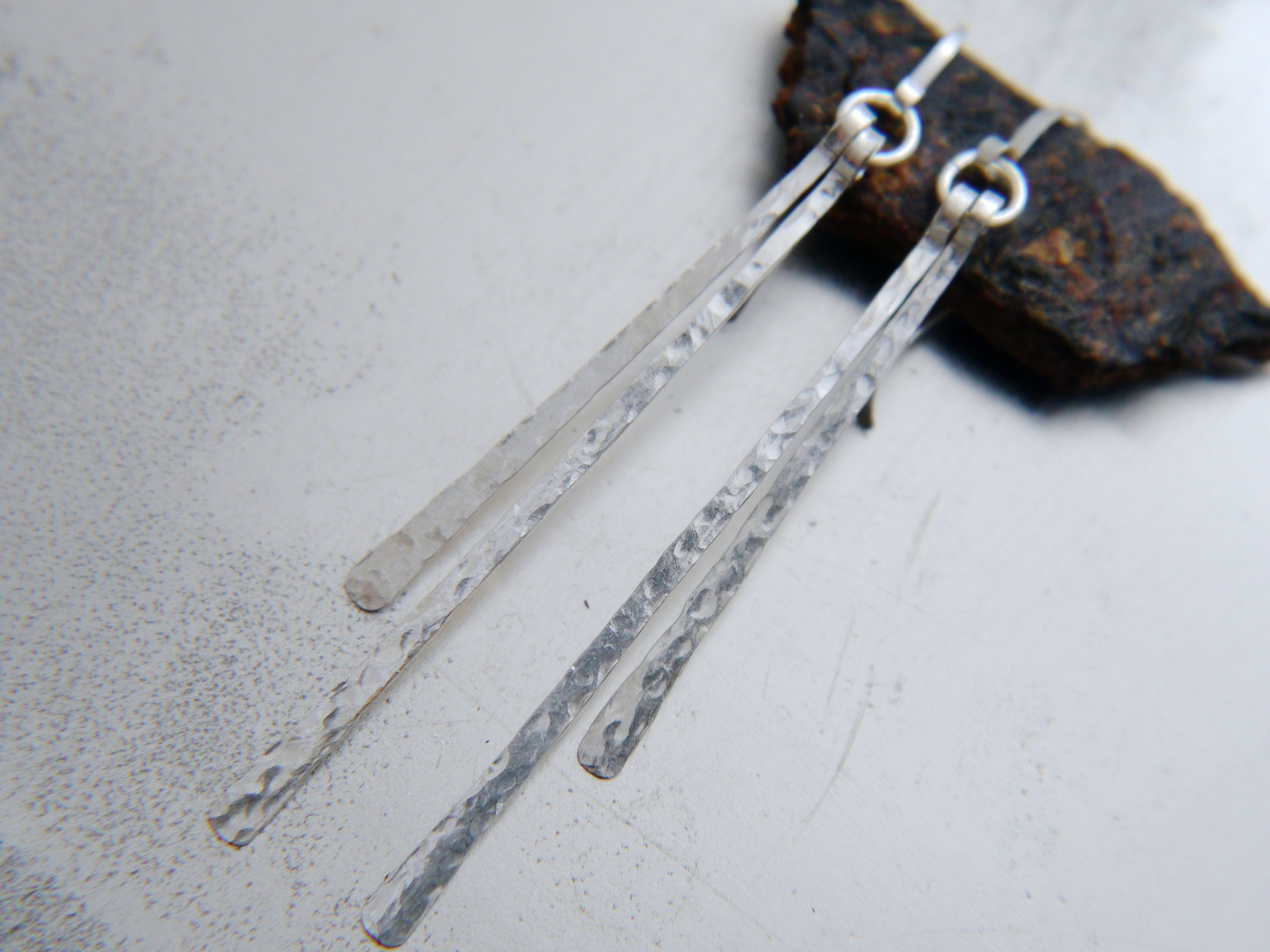 Hammered Sterling Silver Bar Earrings, Simple Minimalist