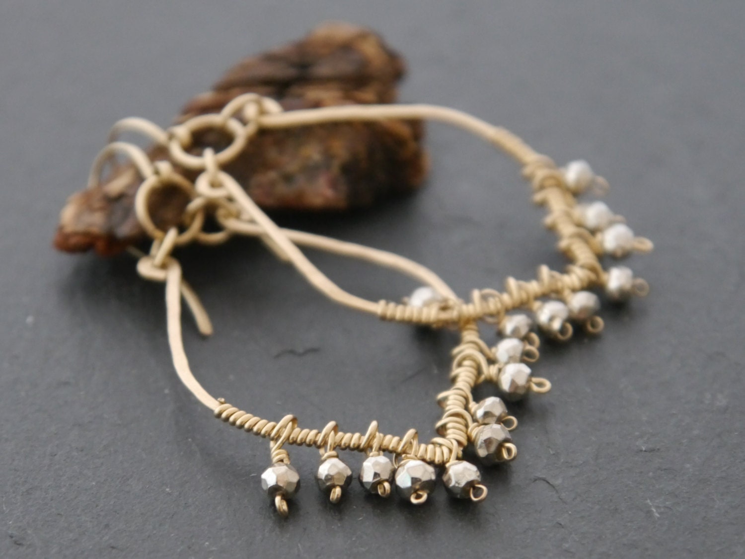 Boho Pyrite Fringe Chandelier Gemstone Earrings, 14K Gold Filled Bohemian Wedding