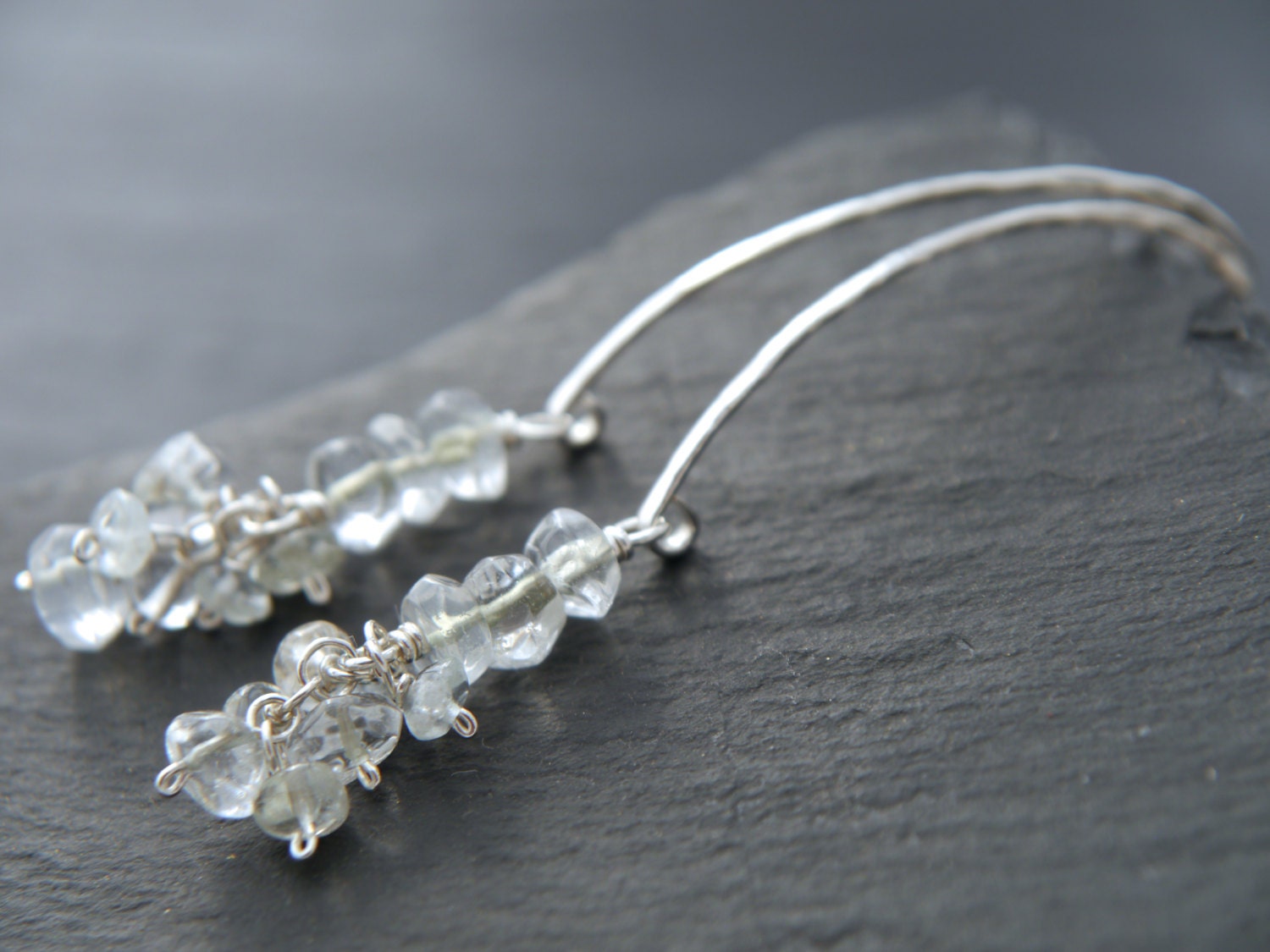 Quartz Long Dangle Hoop Wire Wrapped Gemstone Earrings, Sterling Silver Wedding Jewelry